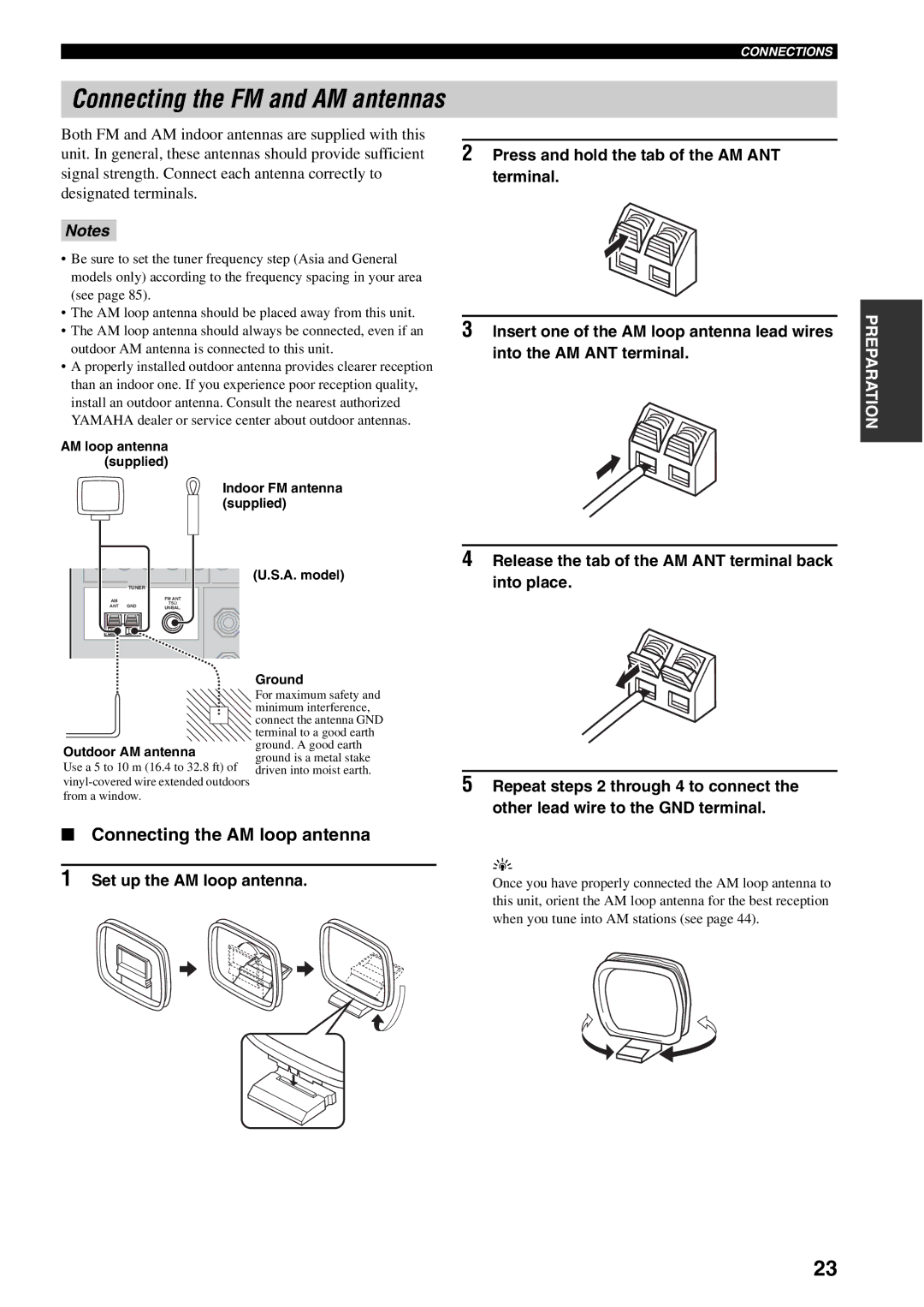 Yamaha HTR-5940 Connecting the FM and AM antennas, Connecting the AM loop antenna, Repeat steps 2 through 4 to connect 