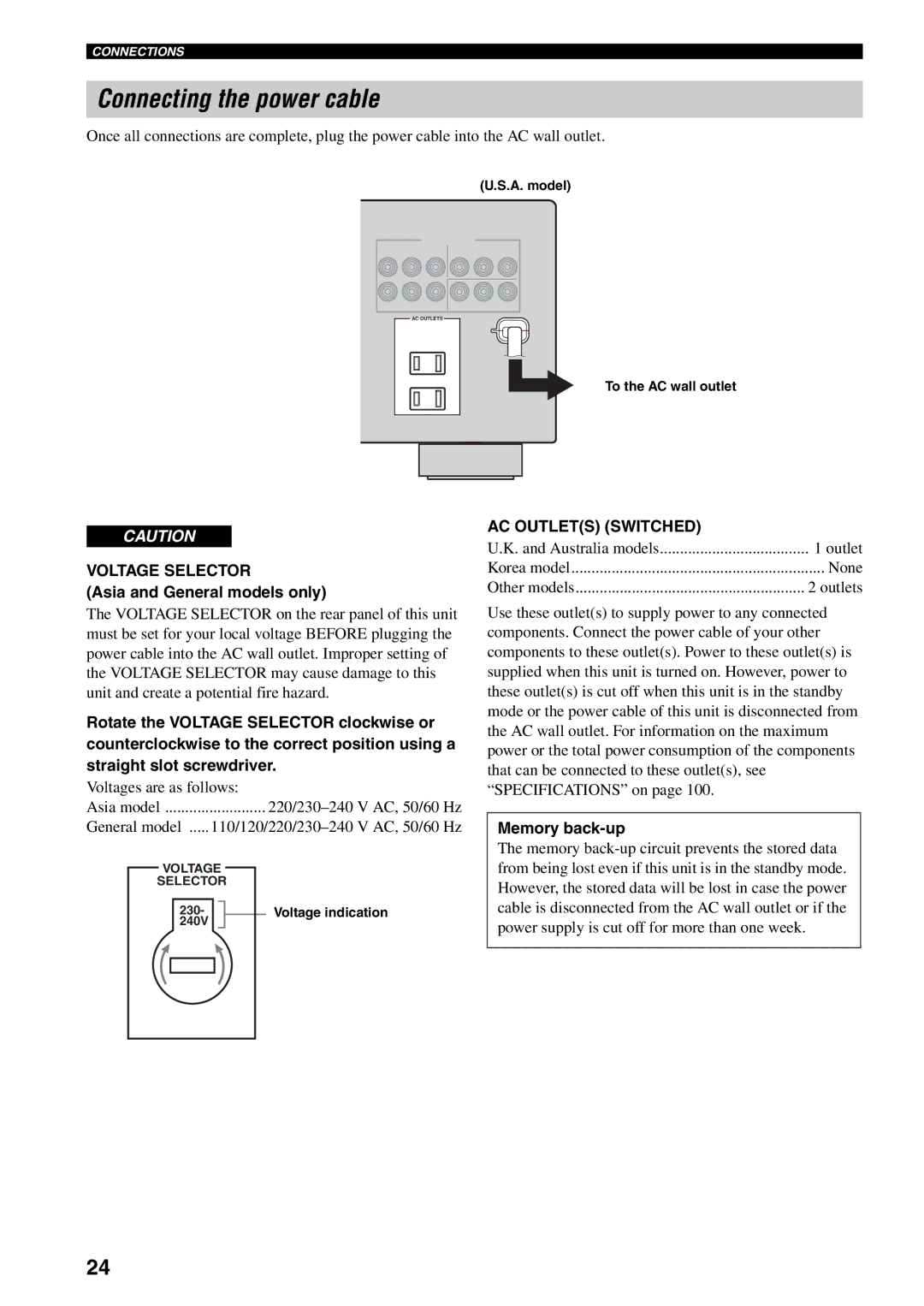 Yamaha HTR-5940 Connecting the power cable, Voltage Selector, Asia and General models only, AC Outlets Switched 