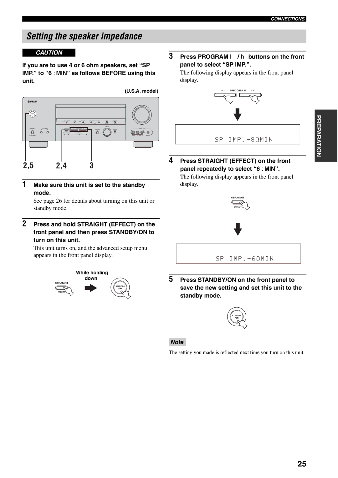 Yamaha HTR-5940 Setting the speaker impedance, 2,4, Make sure this unit is set to the standby mode, While holding down 