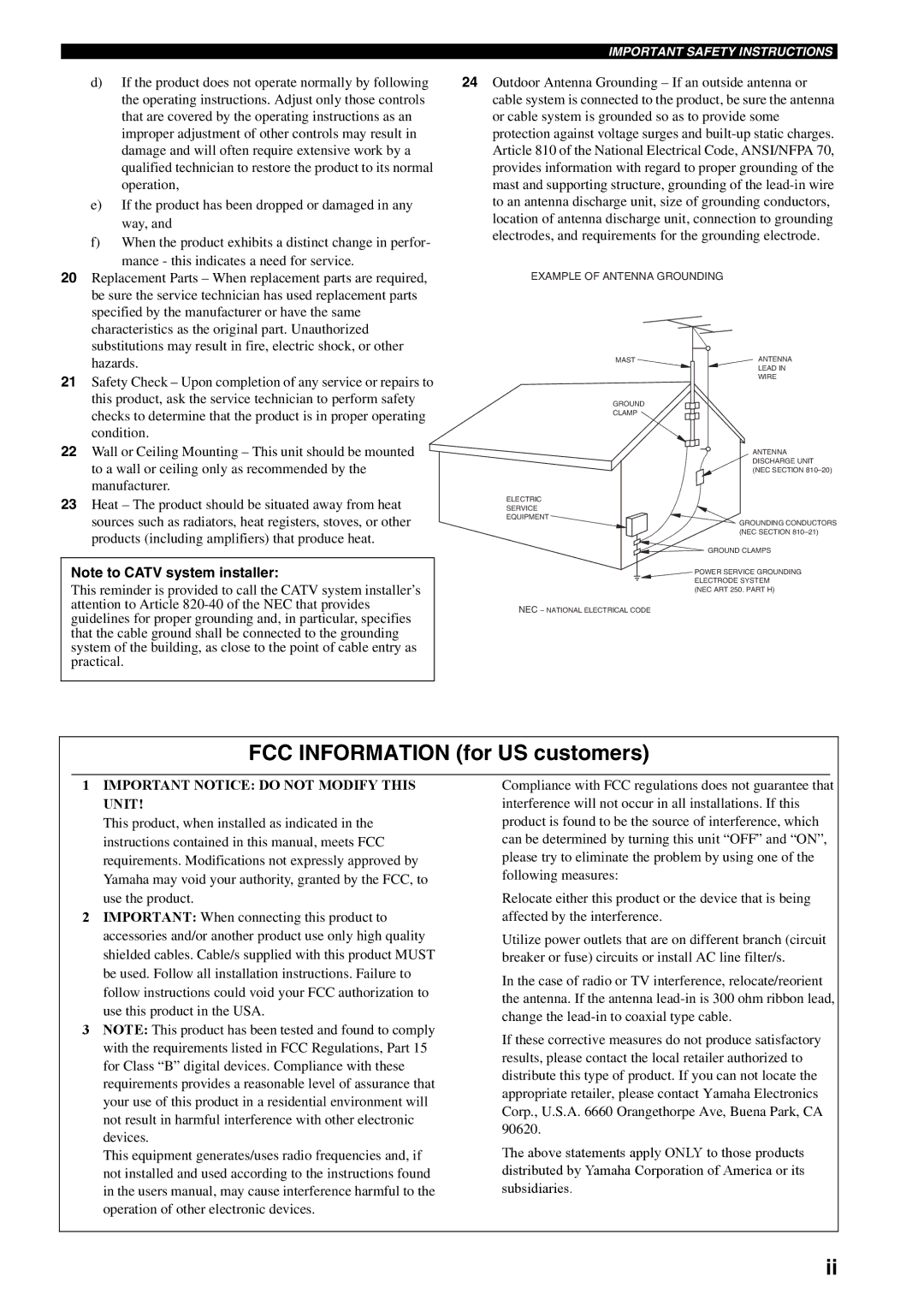 Yamaha HTR-5940 owner manual FCC Information for US customers, Example of Antenna Grounding 