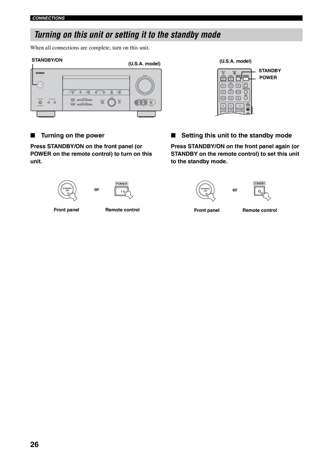 Yamaha HTR-5940 owner manual Turning on this unit or setting it to the standby mode, Front panel Remote control 