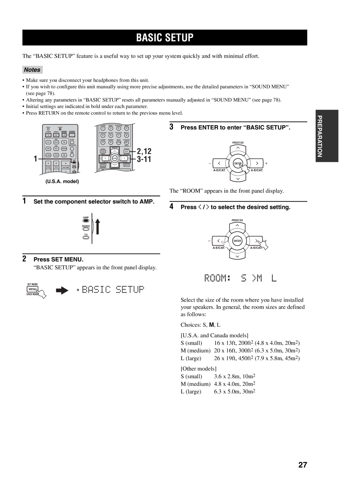 Yamaha HTR-5940 owner manual Press Enter to enter Basic Setup, Room appears in the front panel display, Press SET Menu 