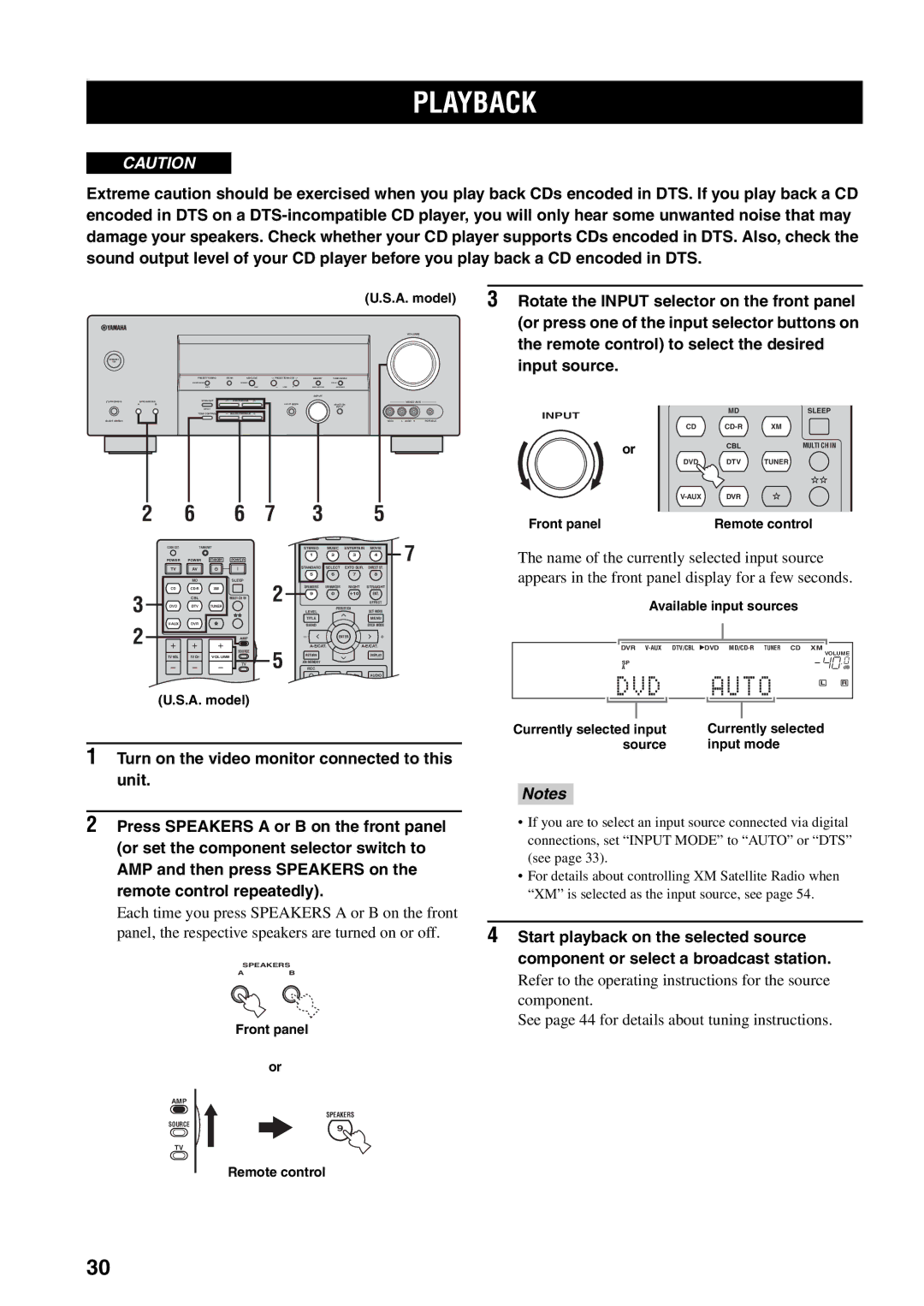 Yamaha HTR-5940 owner manual Playback, Front panel, Available input sources, Source Input mode 