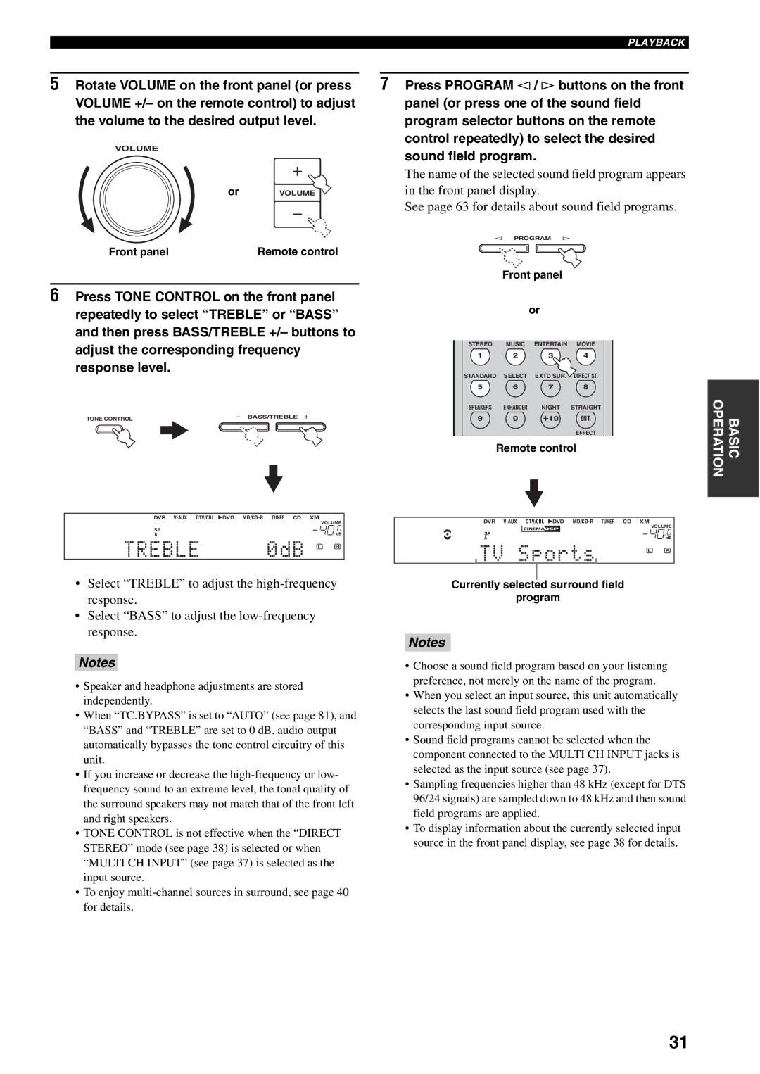 Yamaha HTR-5940 owner manual Treble, Currently selected surround field Program 