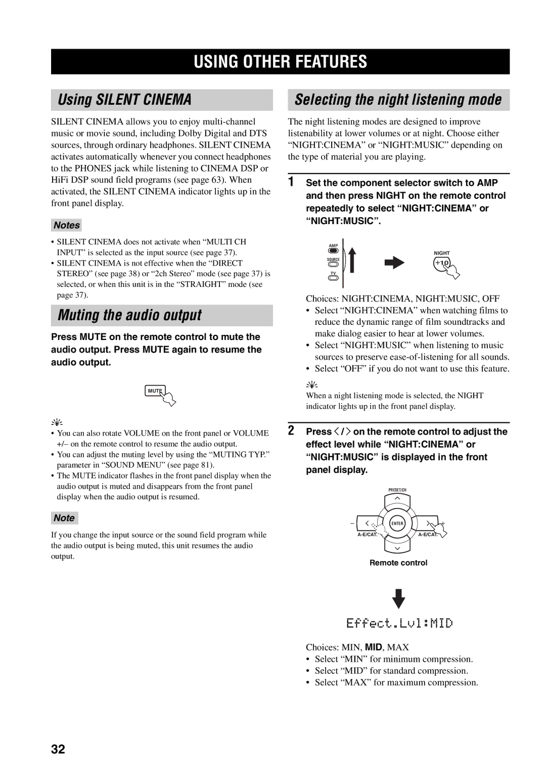 Yamaha HTR-5940 owner manual Using Other Features, Using Silent Cinema, Muting the audio output 