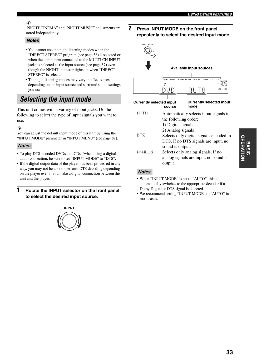 Yamaha HTR-5940 owner manual Selecting the input mode, Dts, Analog 