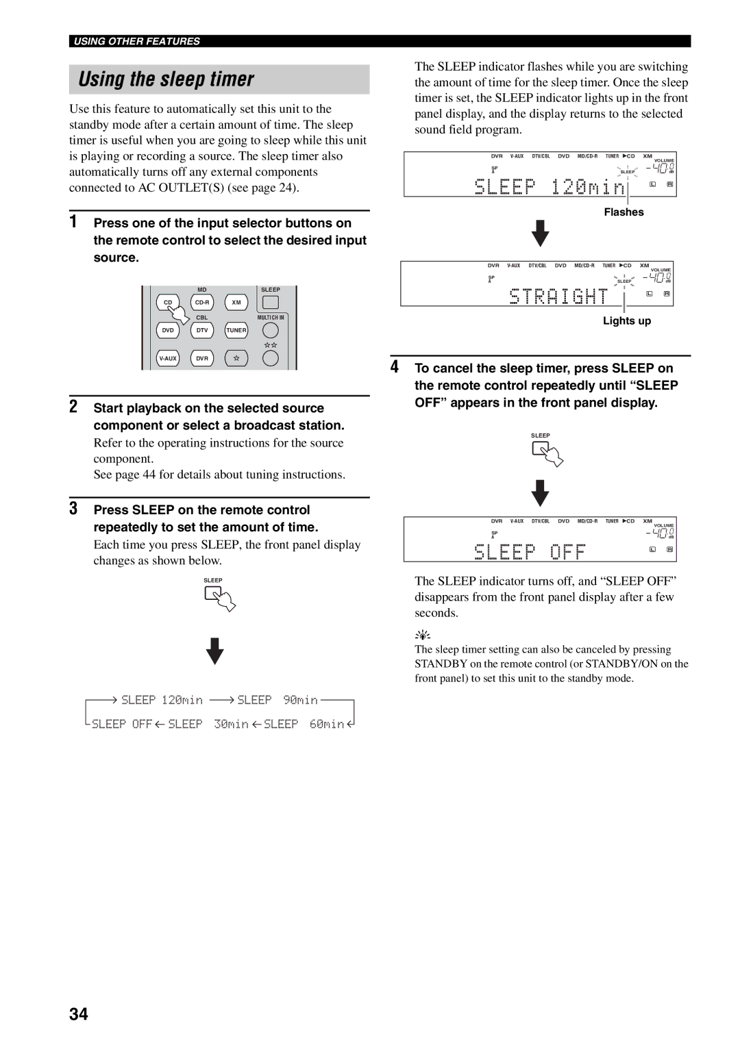 Yamaha HTR-5940 owner manual Using the sleep timer, Flashes, Lights up 