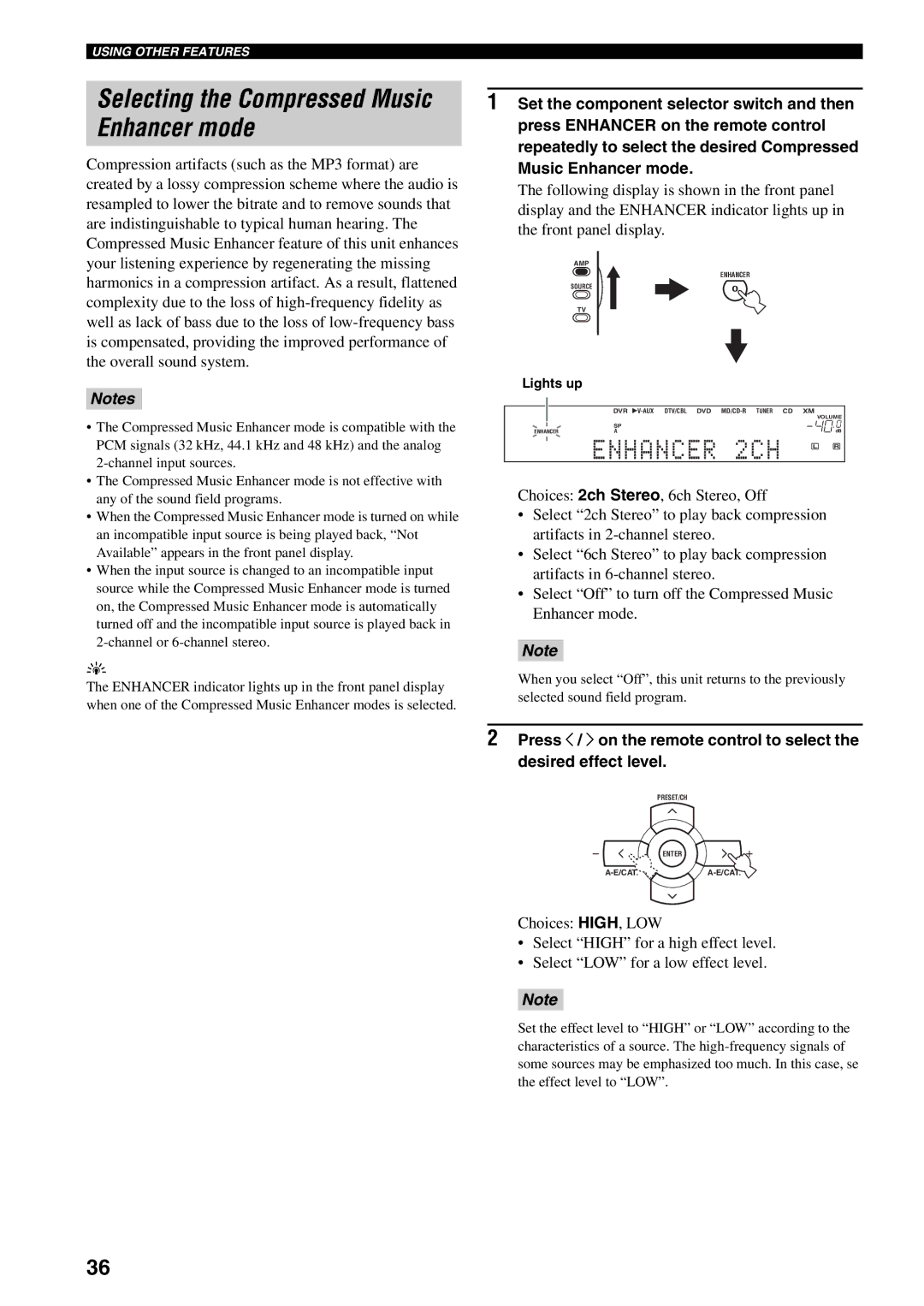 Yamaha HTR-5940 owner manual Selecting the Compressed Music Enhancer mode, Enhancer 2CH L R 