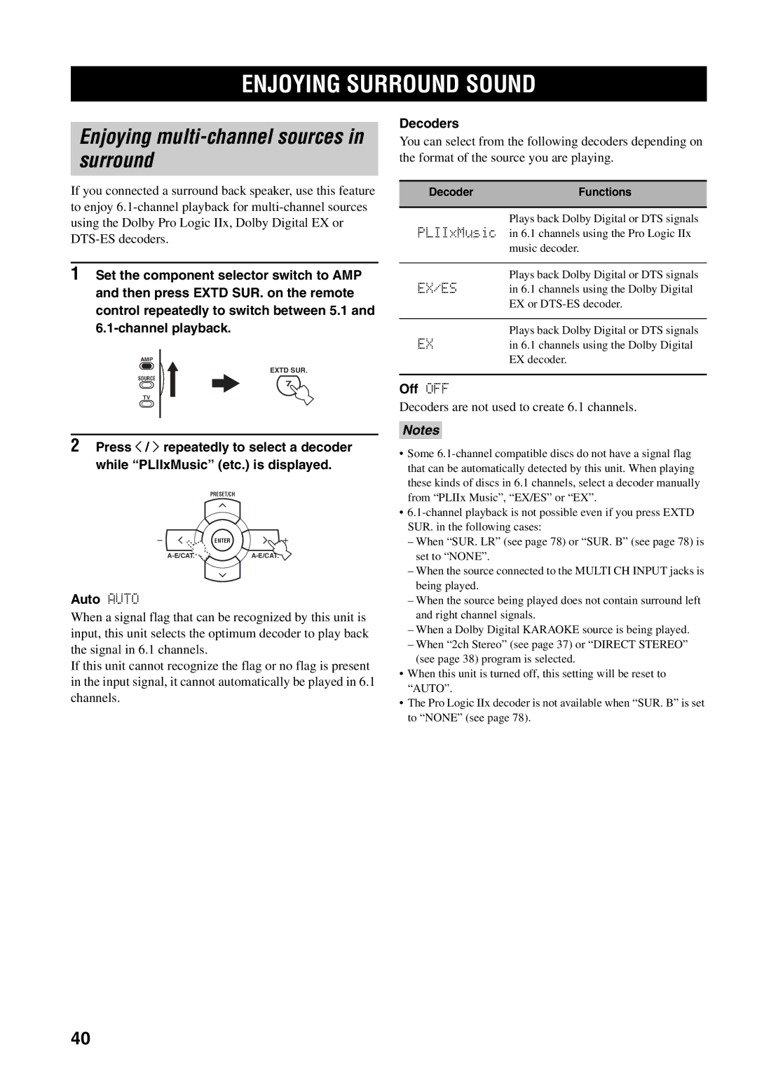 Yamaha HTR-5940 Enjoying Surround Sound, Enjoying multi-channel sources in surround, Auto Auto, Decoders, Off OFF 