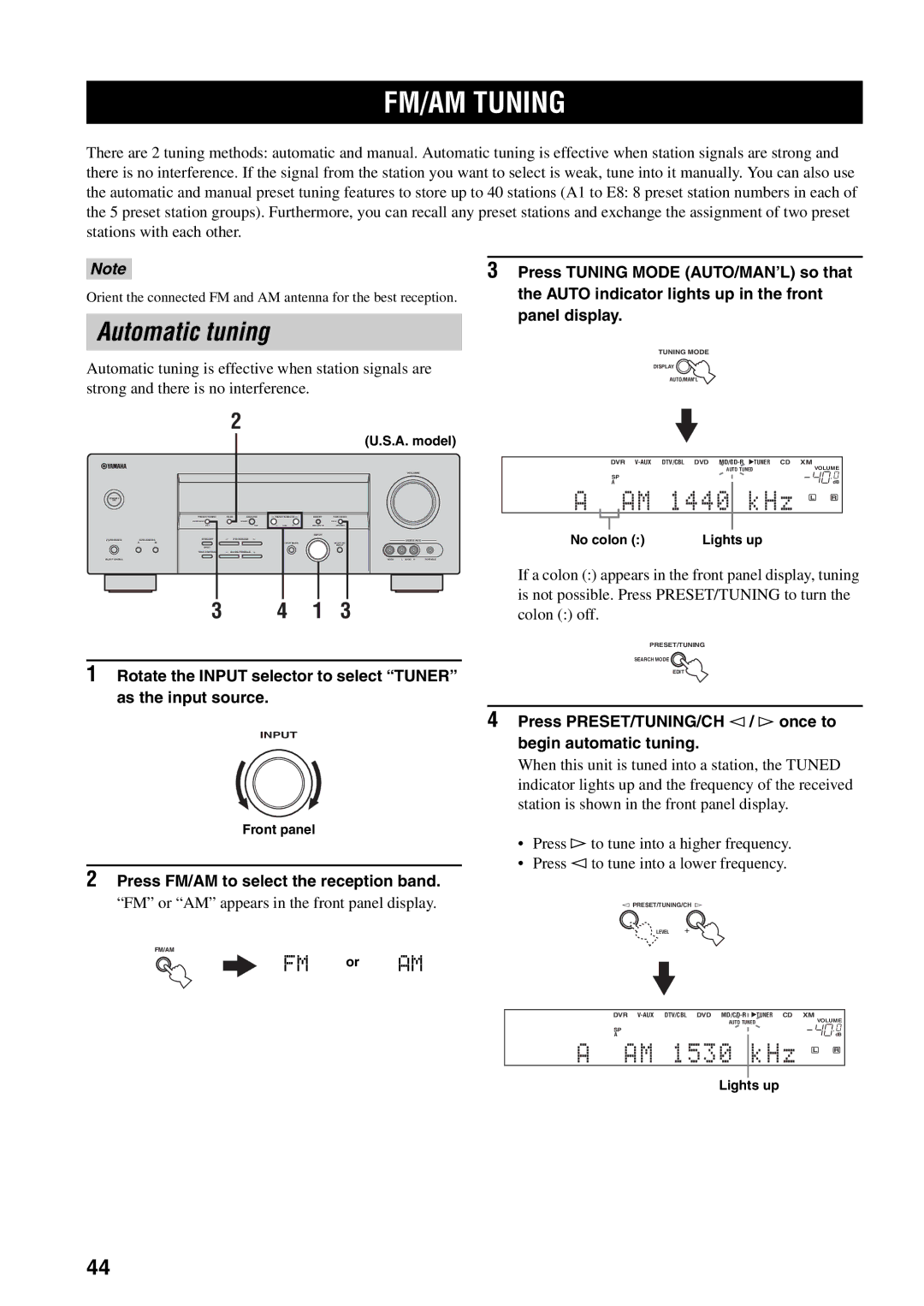 Yamaha HTR-5940 owner manual FM/AM Tuning, Automatic tuning, Press PRESET/TUNING/CH l / h once to, Begin automatic tuning 