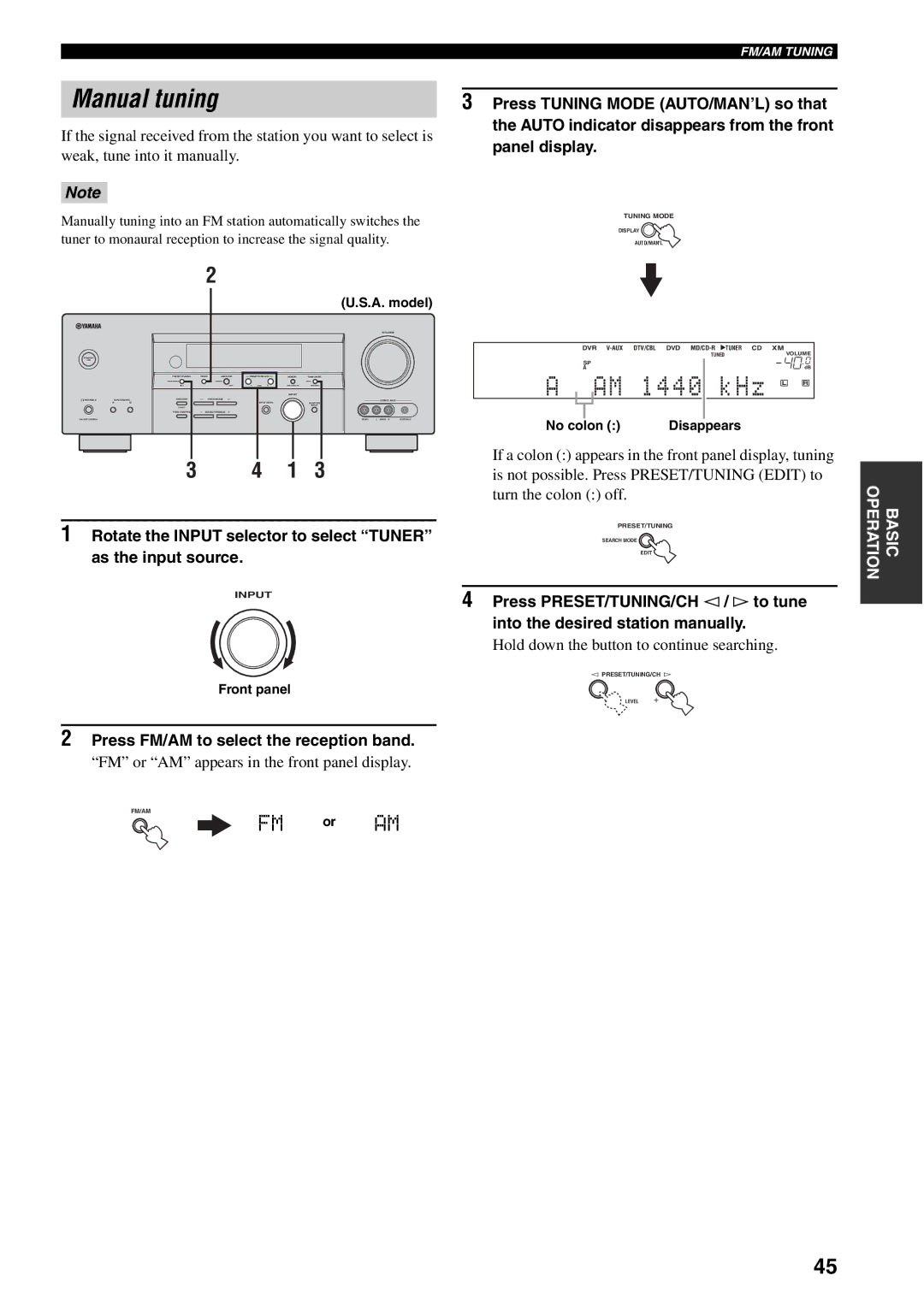 Yamaha HTR-5940 owner manual Manual tuning 