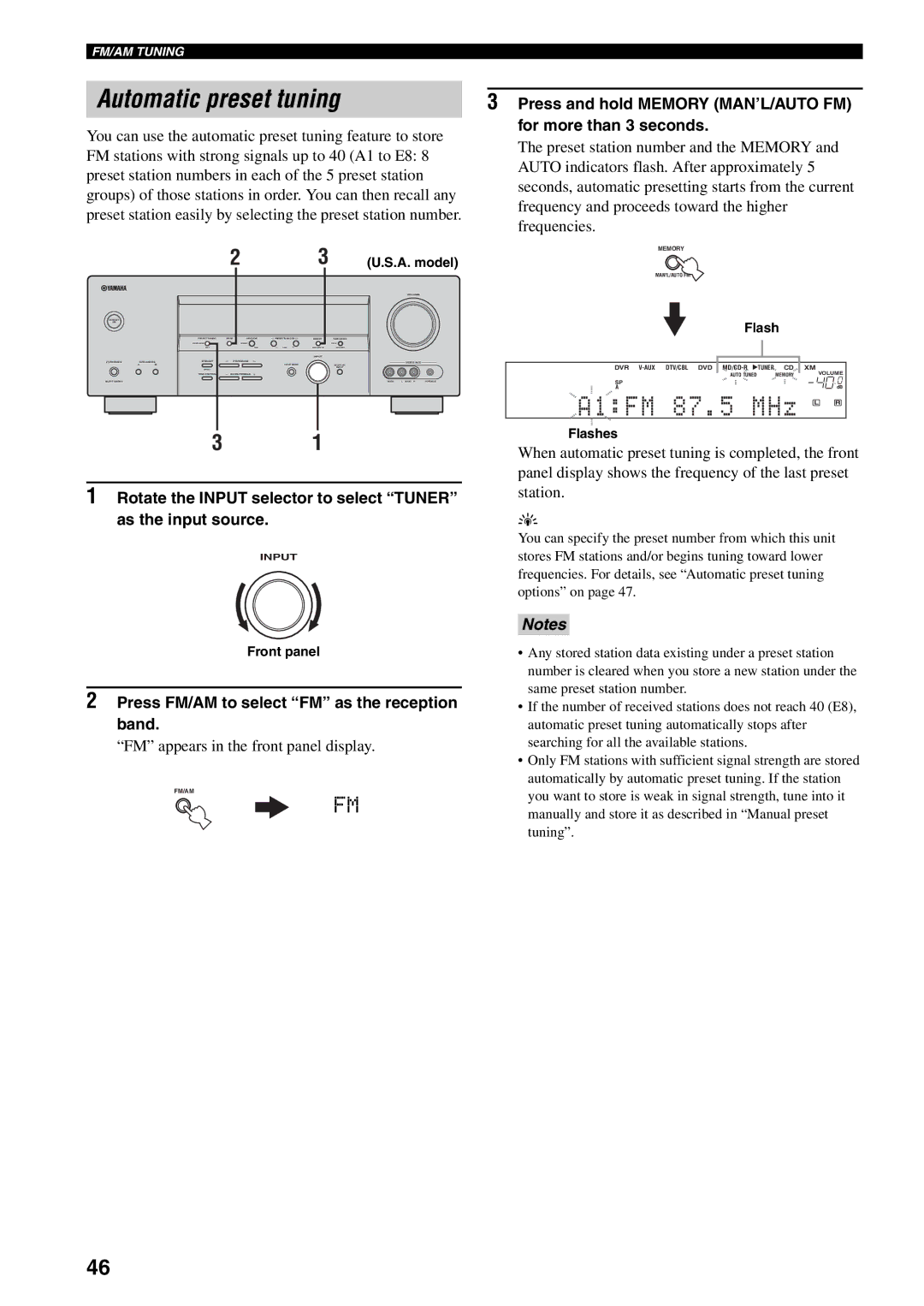 Yamaha HTR-5940 owner manual Press FM/AM to select FM as the reception band, FM appears in the front panel display, Flash 