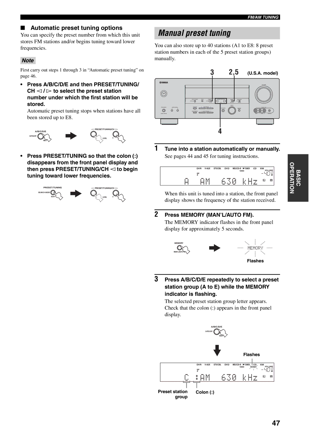 Yamaha HTR-5940 Manual preset tuning, Automatic preset tuning options, Tune into a station automatically or manually 