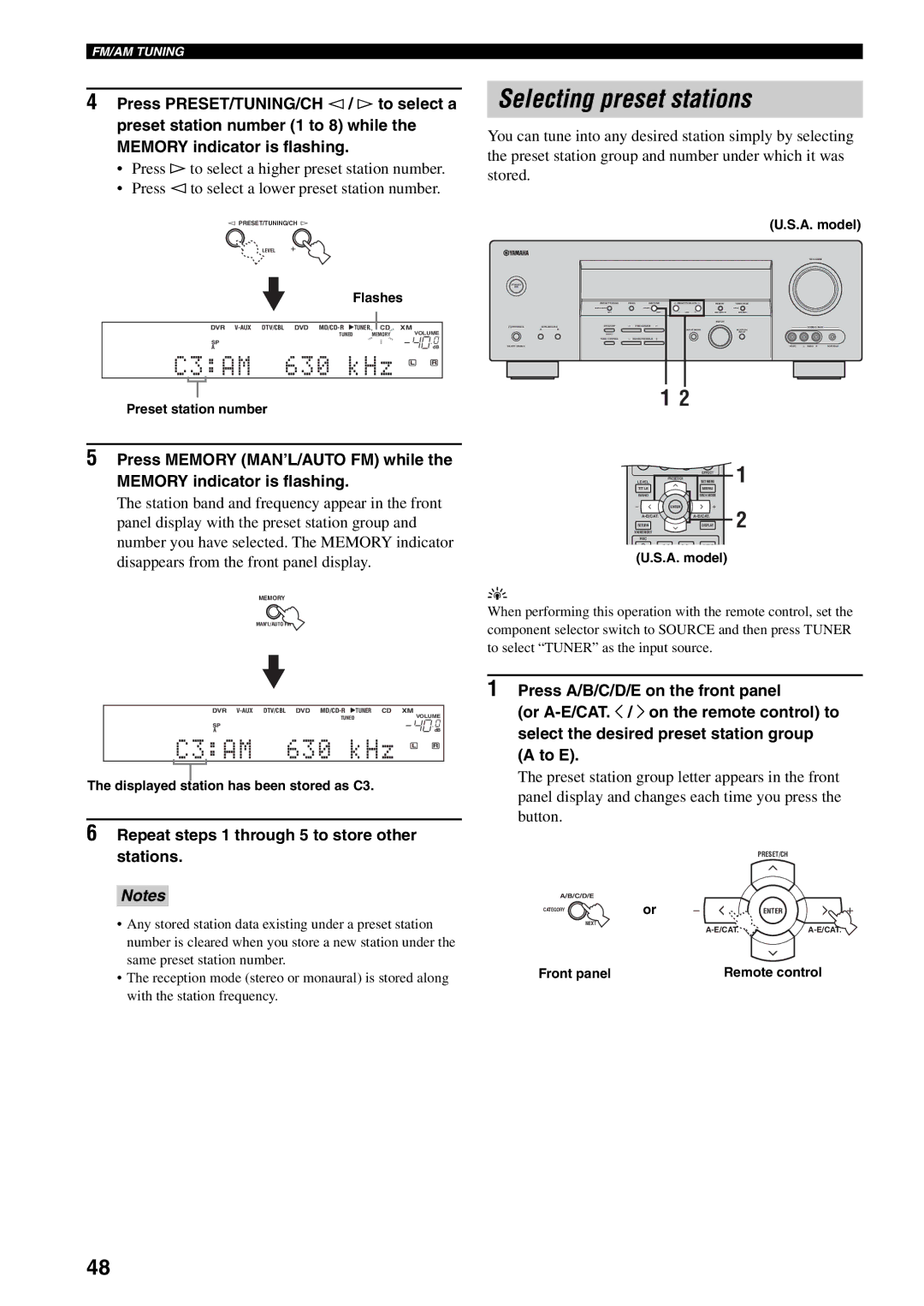 Yamaha HTR-5940 Selecting preset stations, Repeat steps 1 through 5 to store other stations, Preset station number 