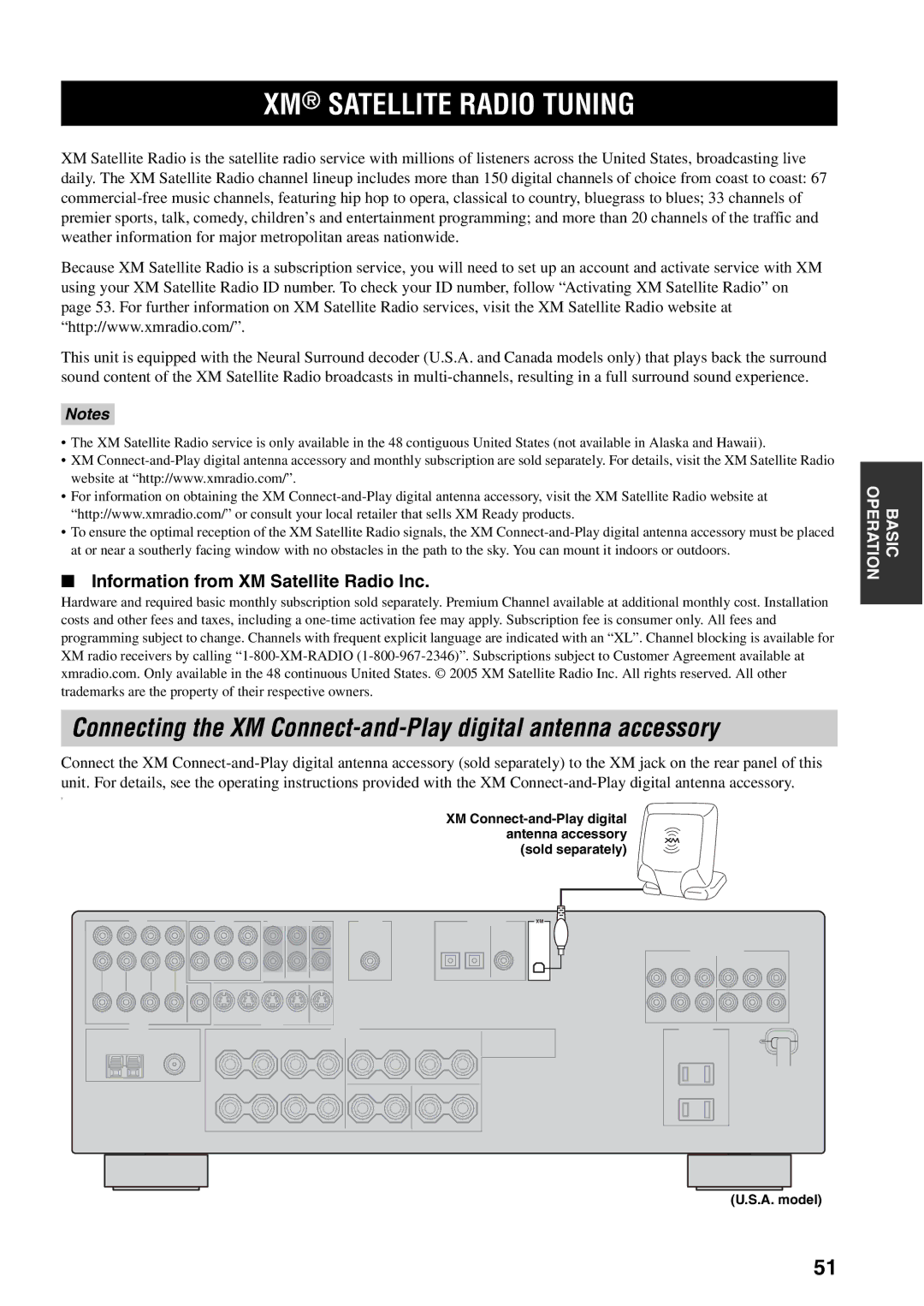 Yamaha HTR-5940 owner manual XM Satellite Radio Tuning, Information from XM Satellite Radio Inc 