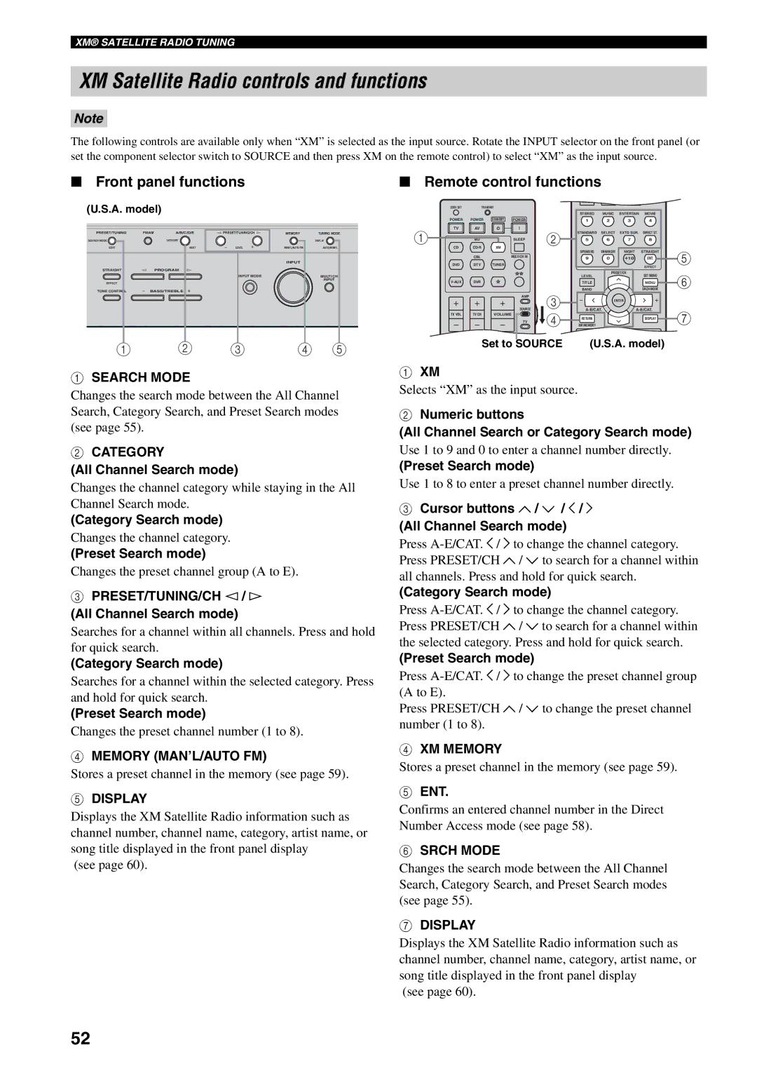 Yamaha HTR-5940 owner manual XM Satellite Radio controls and functions, Front panel functions, Remote control functions 