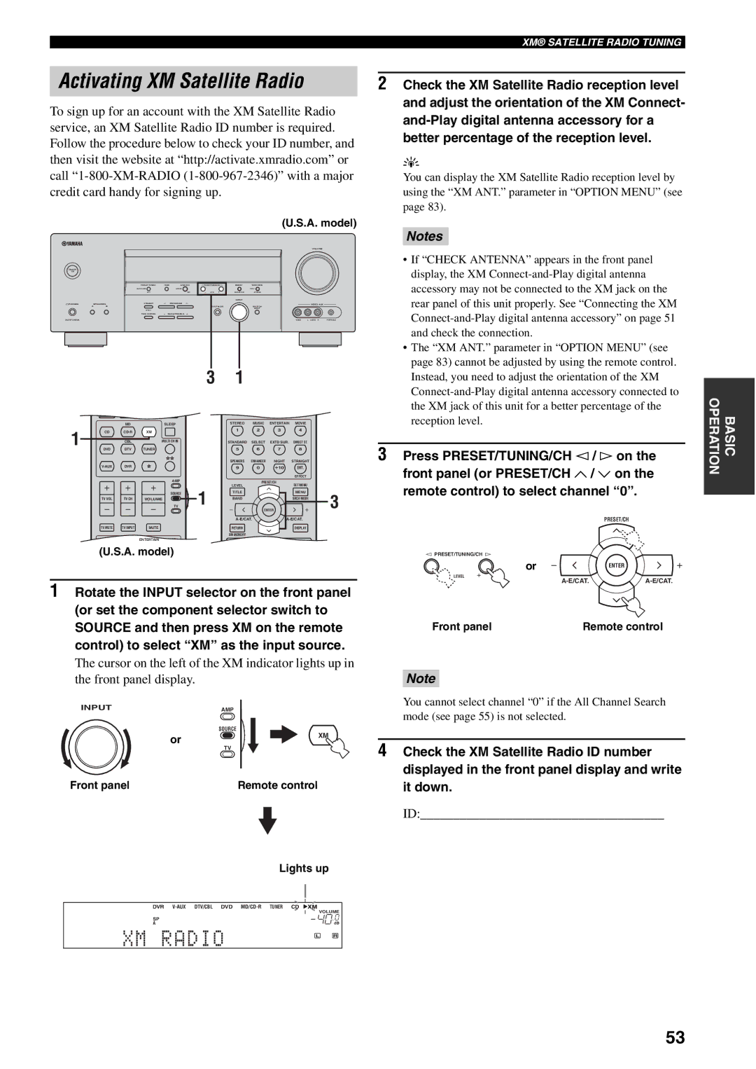 Yamaha HTR-5940 owner manual Activating XM Satellite Radio, Front panel Remote control Lights up 