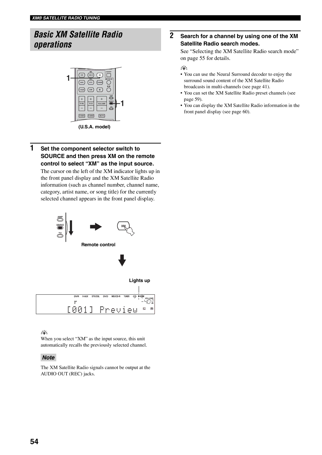 Yamaha HTR-5940 owner manual Basic XM Satellite Radio operations, Preview L R 