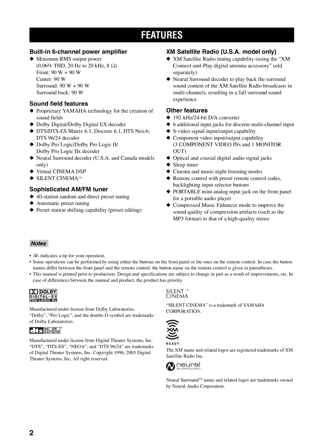 Yamaha HTR-5940 owner manual Features 