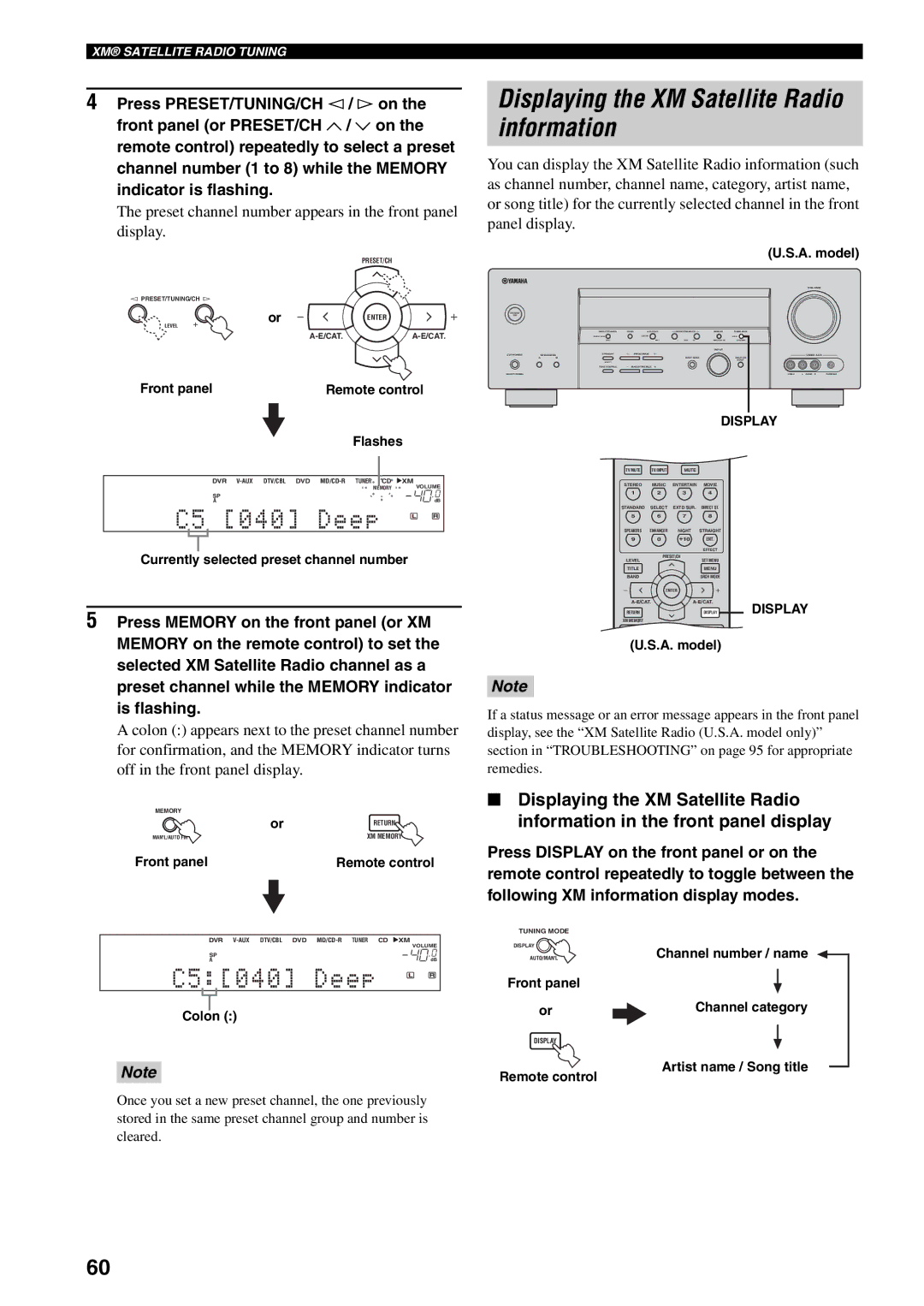 Yamaha HTR-5940 Displaying the XM Satellite Radio information, Preset channel number appears in the front panel display 