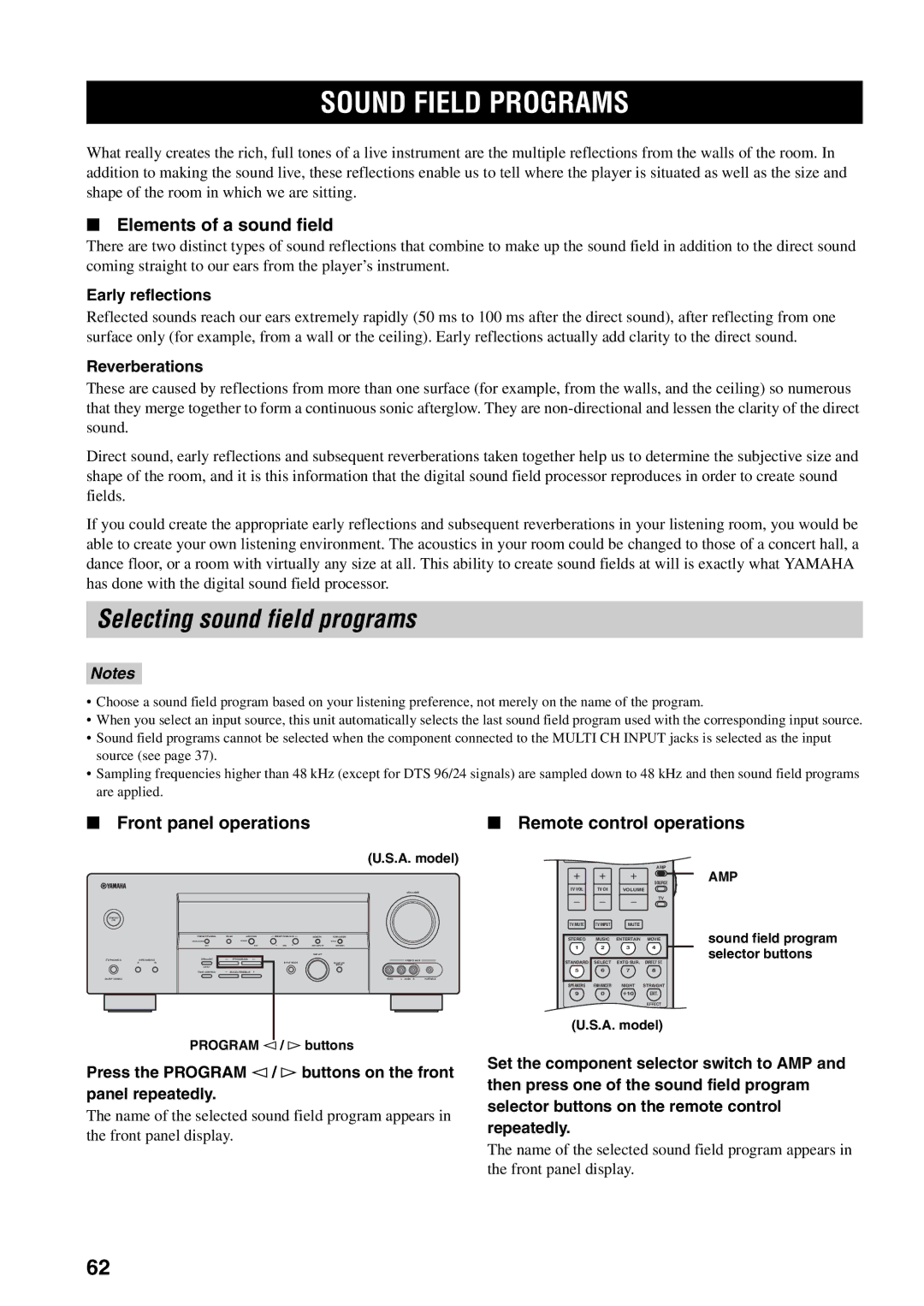 Yamaha HTR-5940 Sound Field Programs, Selecting sound field programs, Elements of a sound field, Front panel operations 