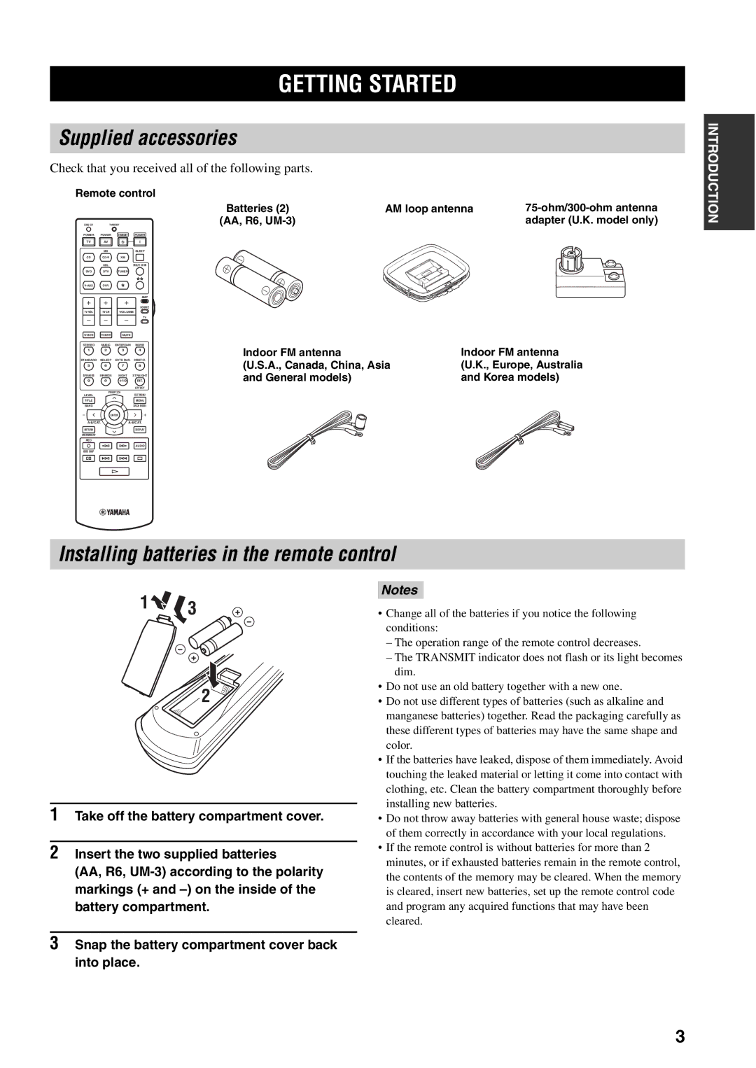 Yamaha HTR-5940 owner manual Getting Started, Supplied accessories, Installing batteries in the remote control 