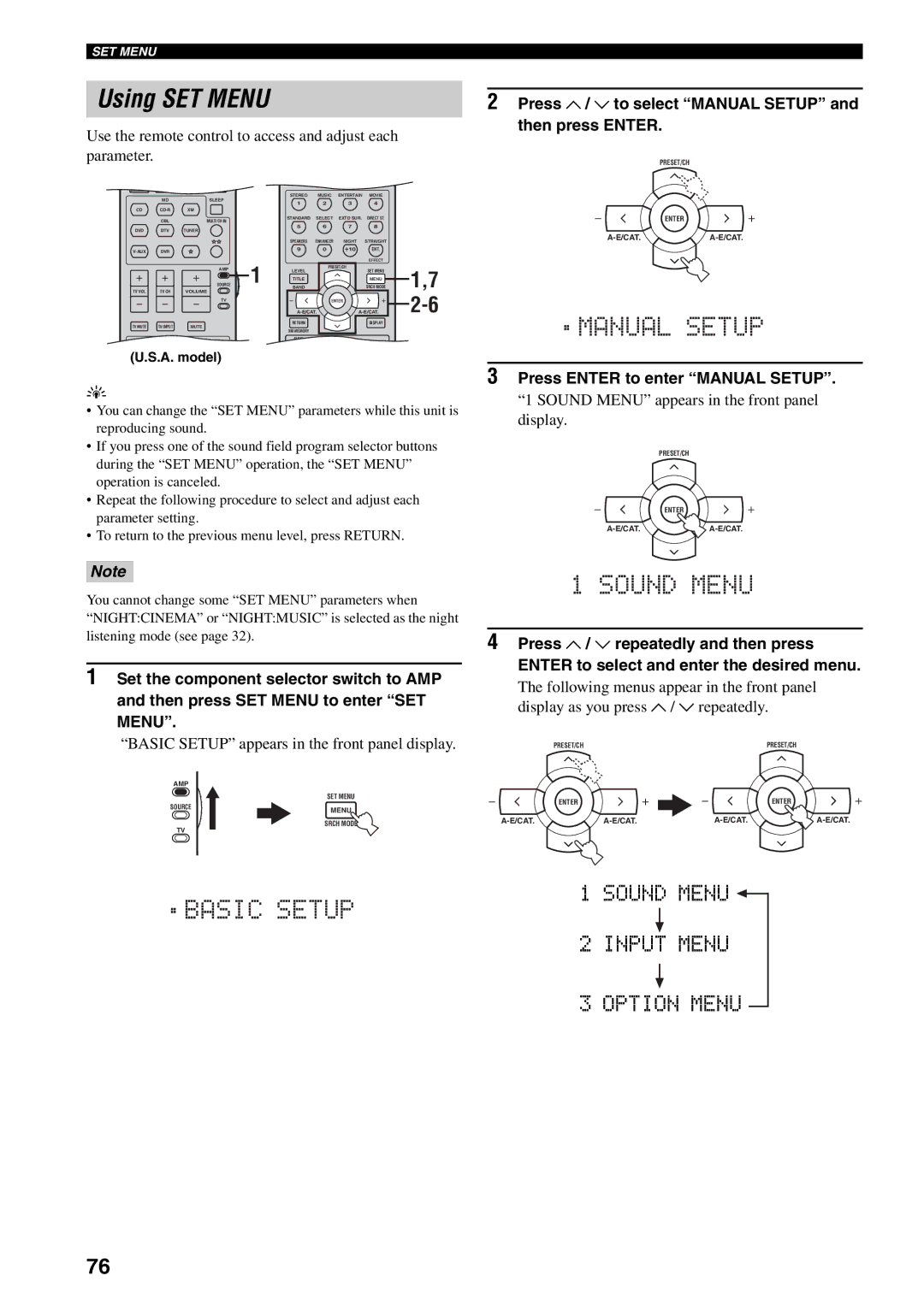 Yamaha HTR-5940 owner manual Press u / d to select Manual Setup, Then press Enter, Press Enter to enter Manual Setup 