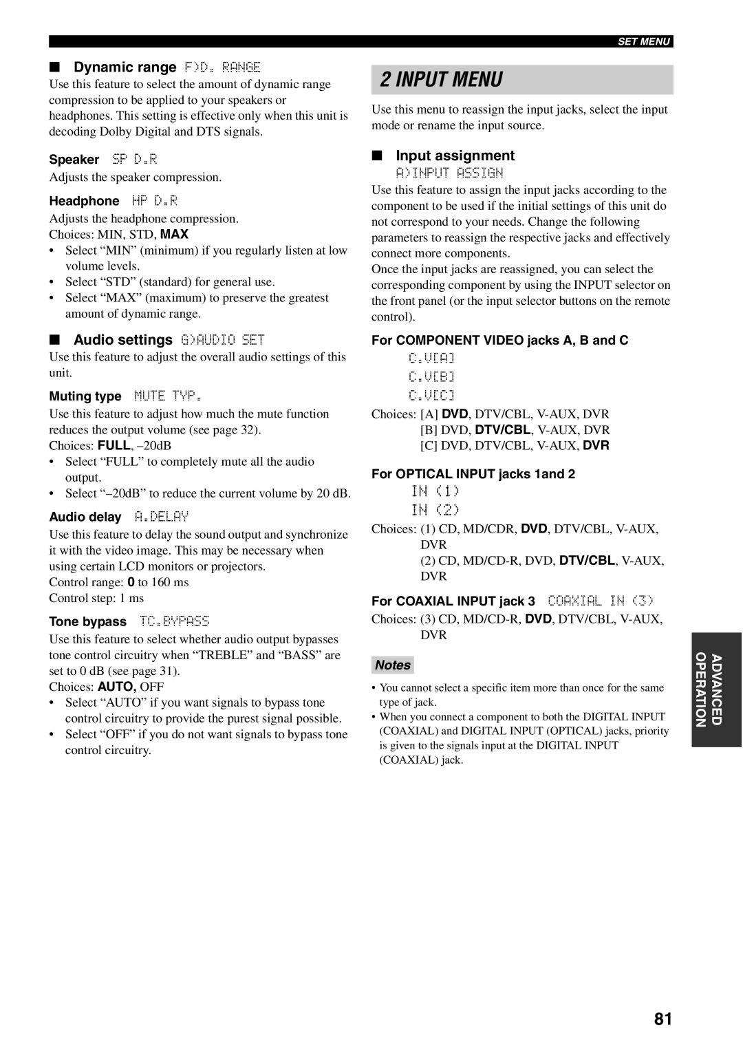 Yamaha HTR-5940 owner manual Dynamic range FD. Range, Audio settings Gaudio SET, Input assignment 