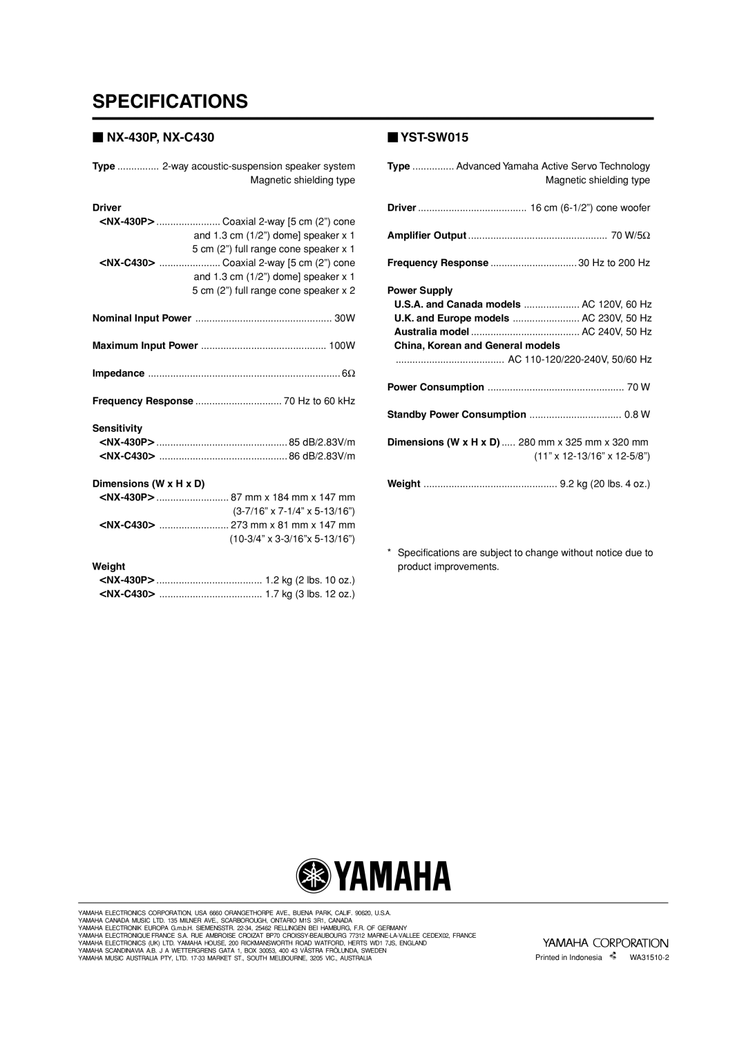 Yamaha HTR-5940 owner manual Specifications, NX-430P, NX-C430, YST-SW015 