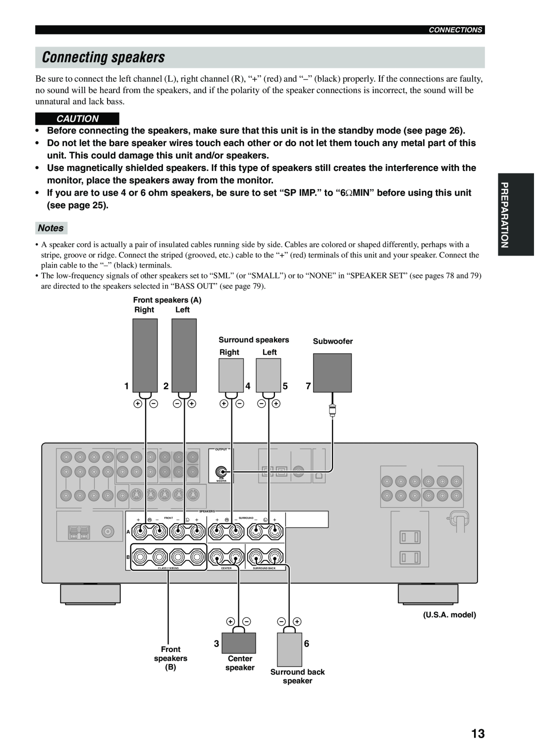 Yamaha HTR-5940 owner manual Connecting speakers, Notes 