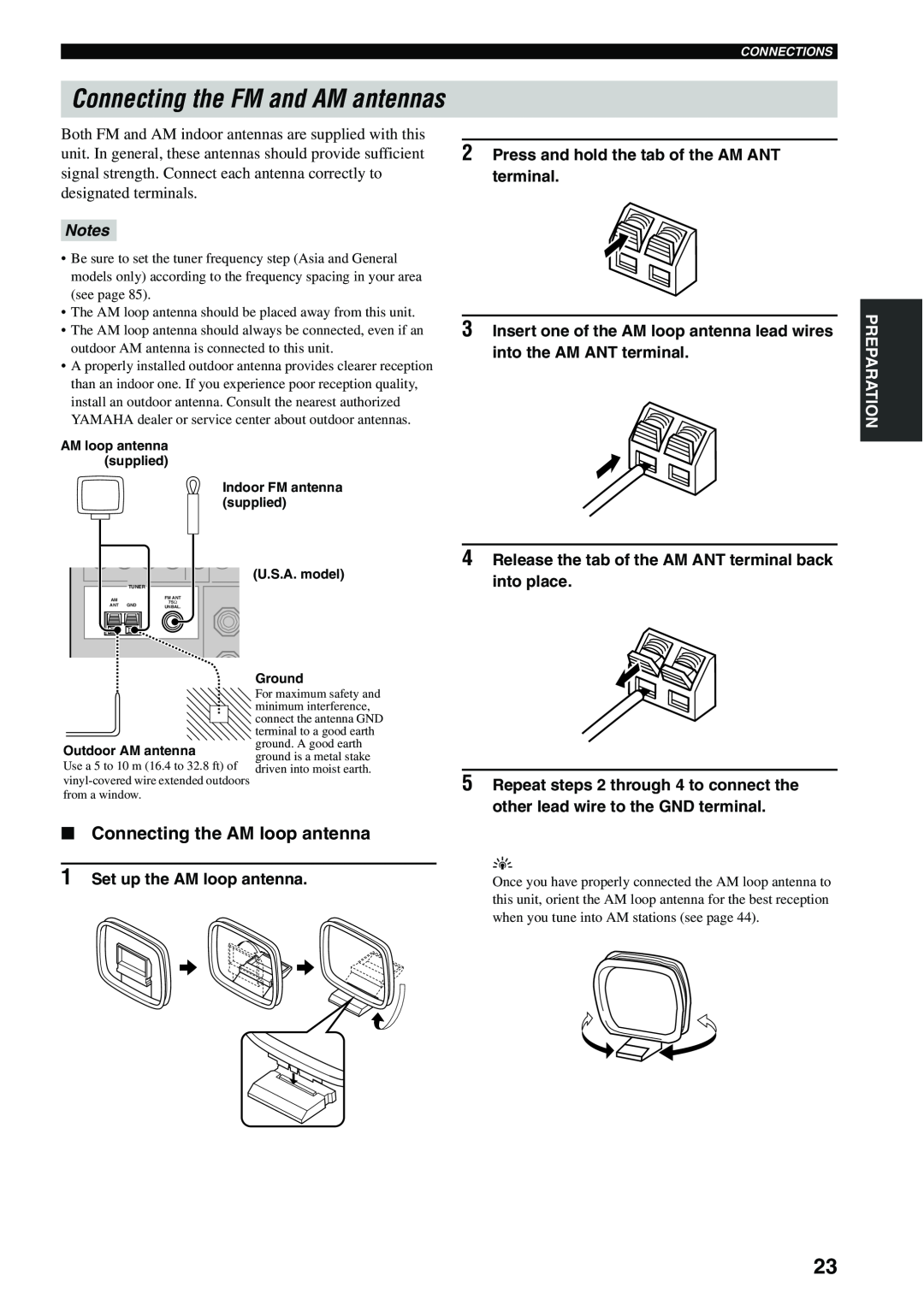 Yamaha HTR-5940 owner manual Connecting the FM and AM antennas, Connecting the AM loop antenna, Notes 