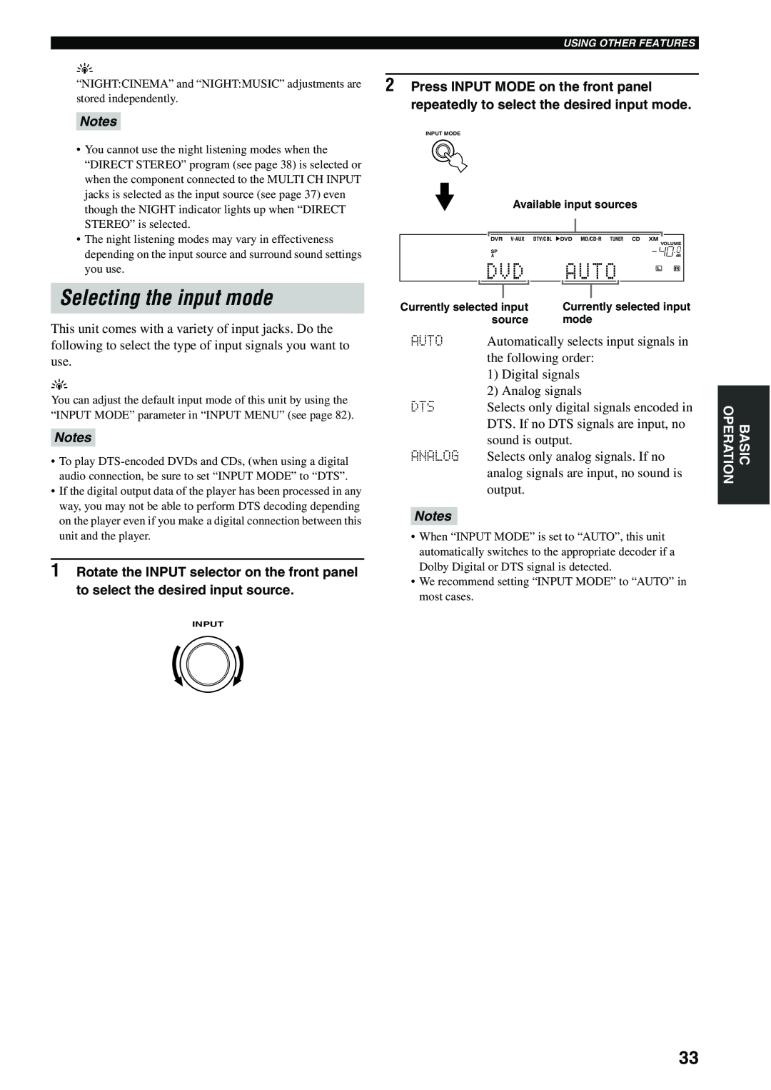 Yamaha HTR-5940 owner manual Selecting the input mode, Auto, Notes 