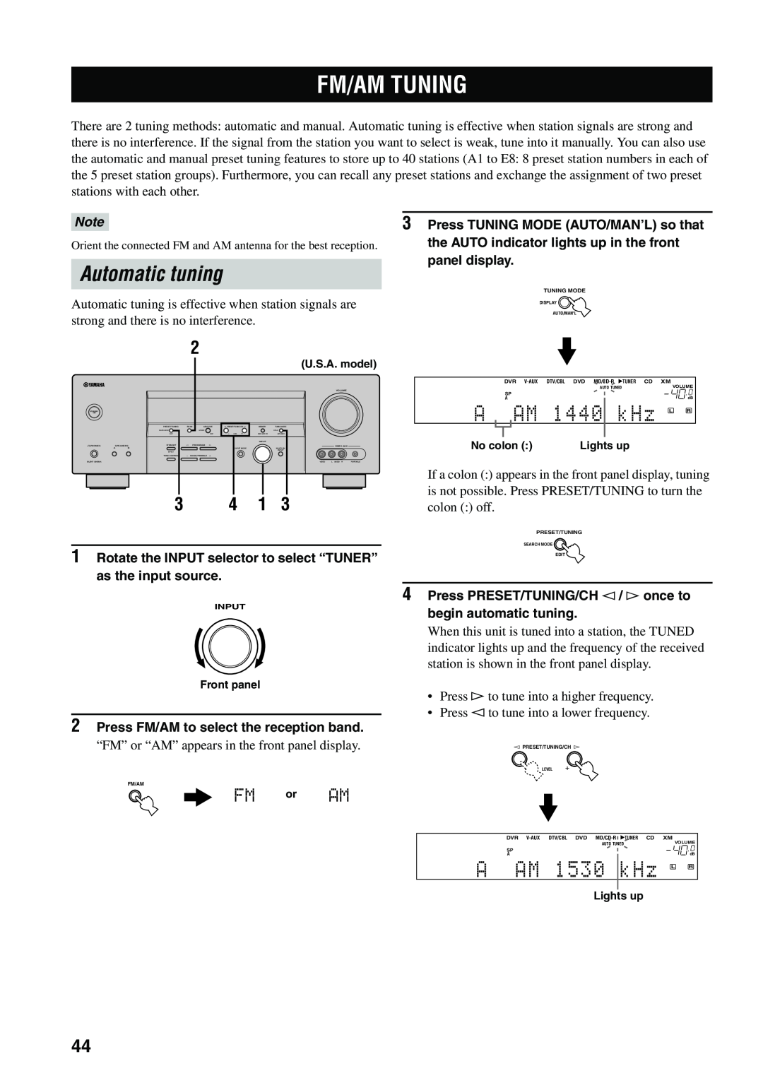 Yamaha HTR-5940 owner manual Fm/Am Tuning, Automatic tuning, 1440, A AM 1530 kHz L R, 3 4, FM or AM, panel display 