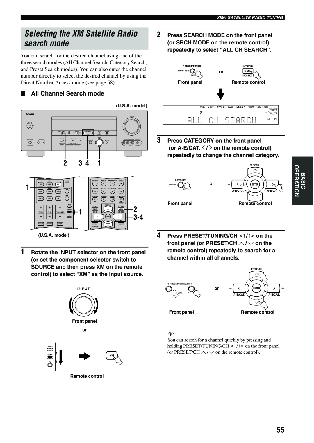 Yamaha HTR-5940 owner manual Selecting the XM Satellite Radio search mode, 2 3 4, All Channel Search mode 