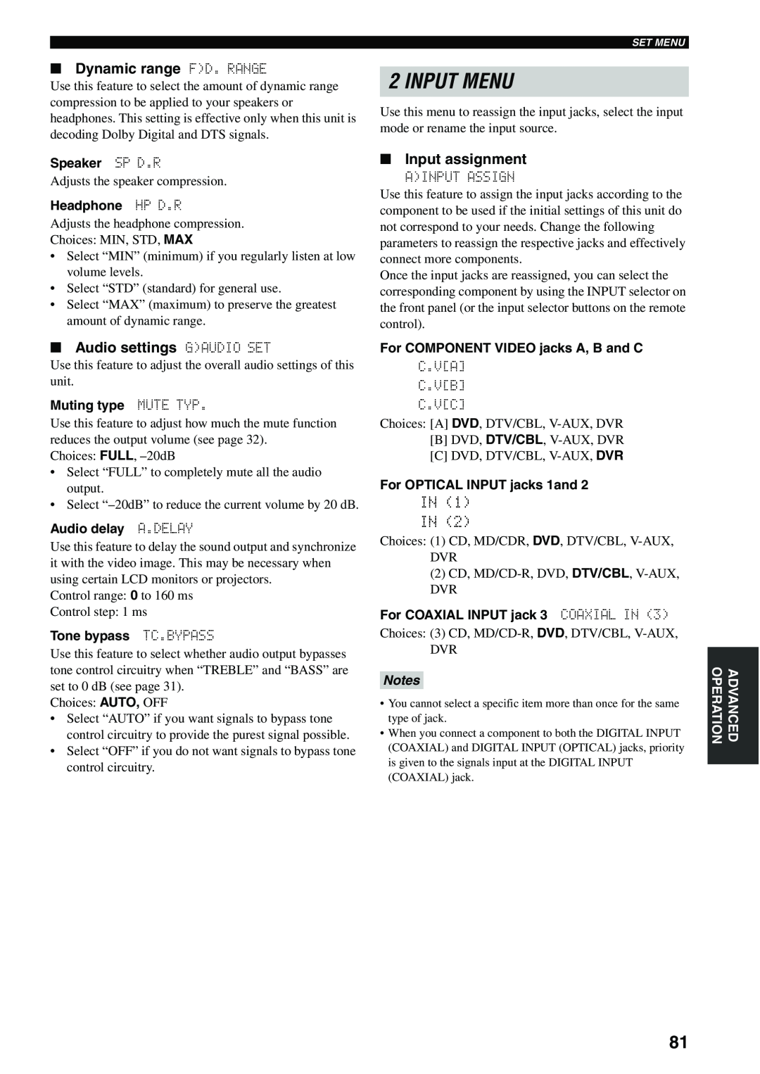 Yamaha HTR-5940 owner manual Input Menu, Dynamic range FD. RANGE, Audio settings GAUDIO SET, Input assignment, In In, Notes 