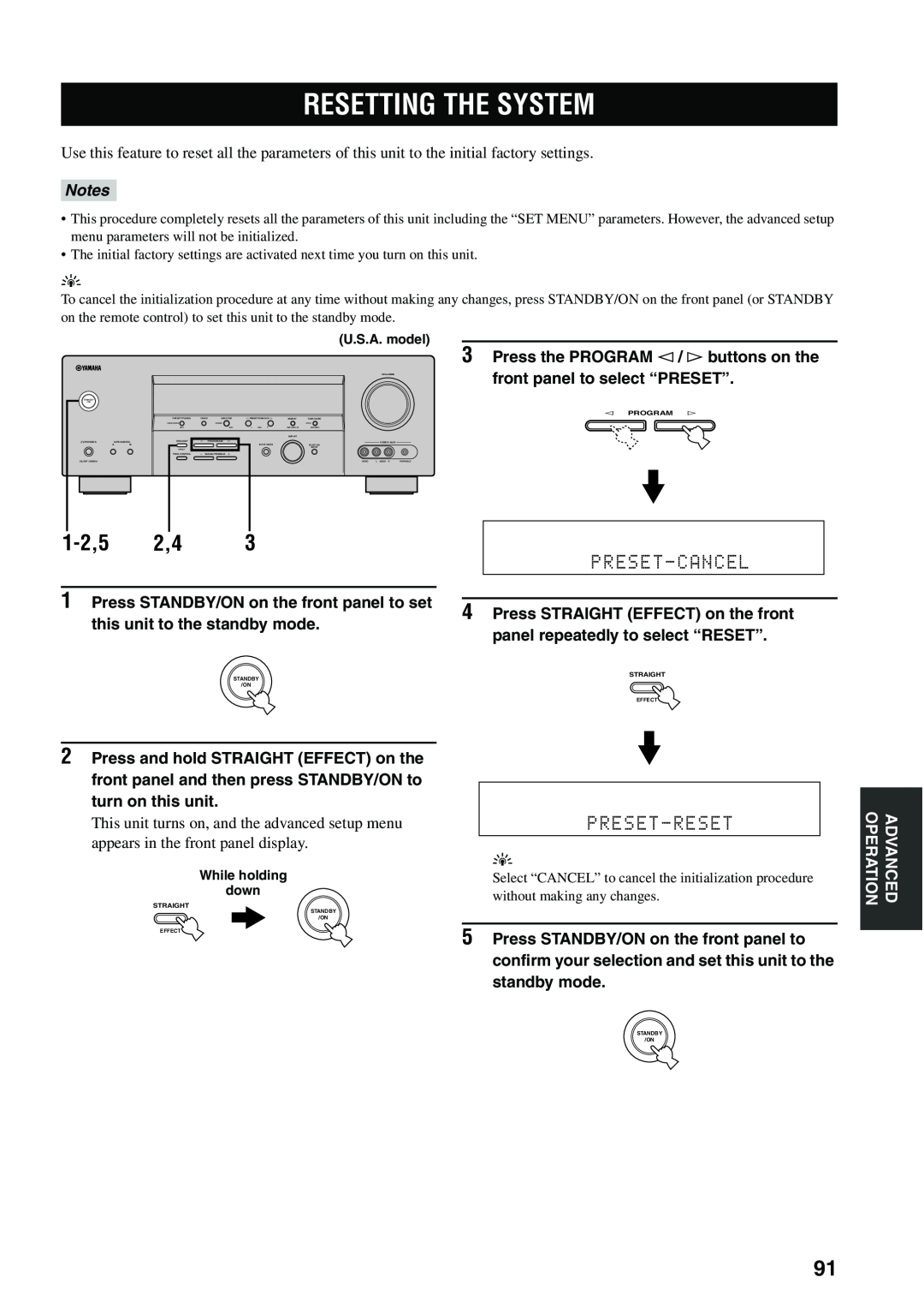Yamaha HTR-5940 owner manual Resetting The System, 1-2,5, Preset-Reset, Preset-Cancel, Notes 