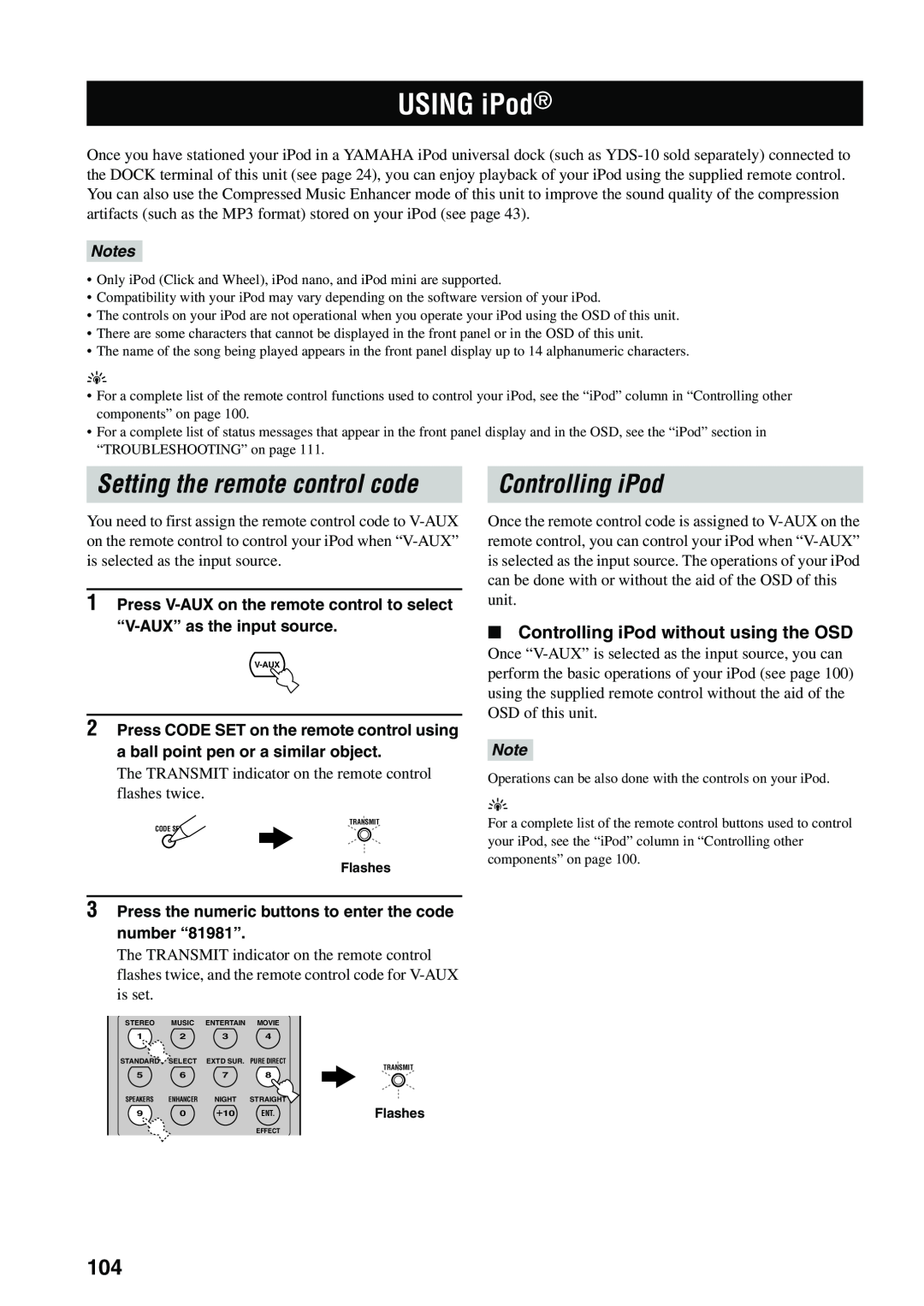 Yamaha HTR-5960 owner manual USING iPod, Controlling iPod without using the OSD, Setting the remote control code, Notes 