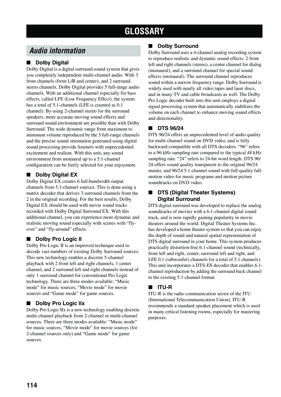 Yamaha HTR-5960 Glossary, Audio information, Dolby Digital EX, Dolby Pro Logic, Dolby Surround, DTS 96/24, Itu-R 