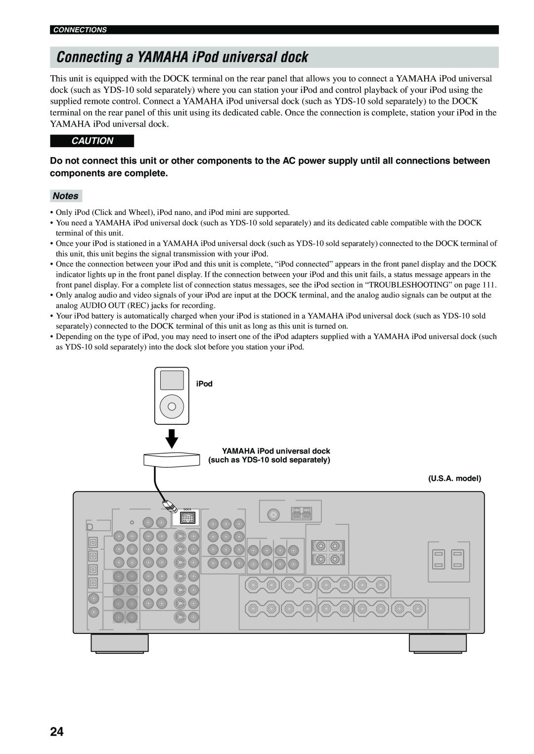 Yamaha HTR-5960 owner manual Connecting a YAMAHA iPod universal dock, Notes 