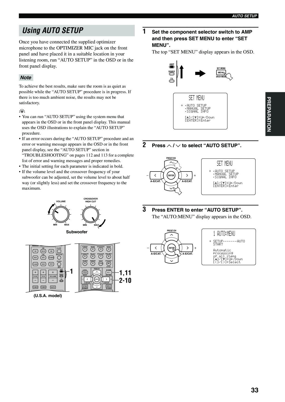 Yamaha HTR-5960 owner manual Using AUTO SETUP, Set Menu, Auto:Menu, 1,11, 2-10, 2Press u / d to select “AUTO SETUP” 