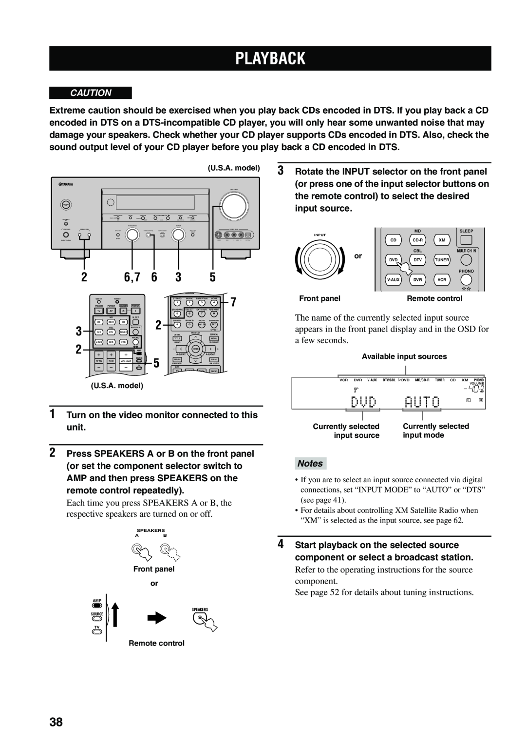 Yamaha HTR-5960 owner manual Playback, Auto, 1Turn on the video monitor connected to this unit, Notes 