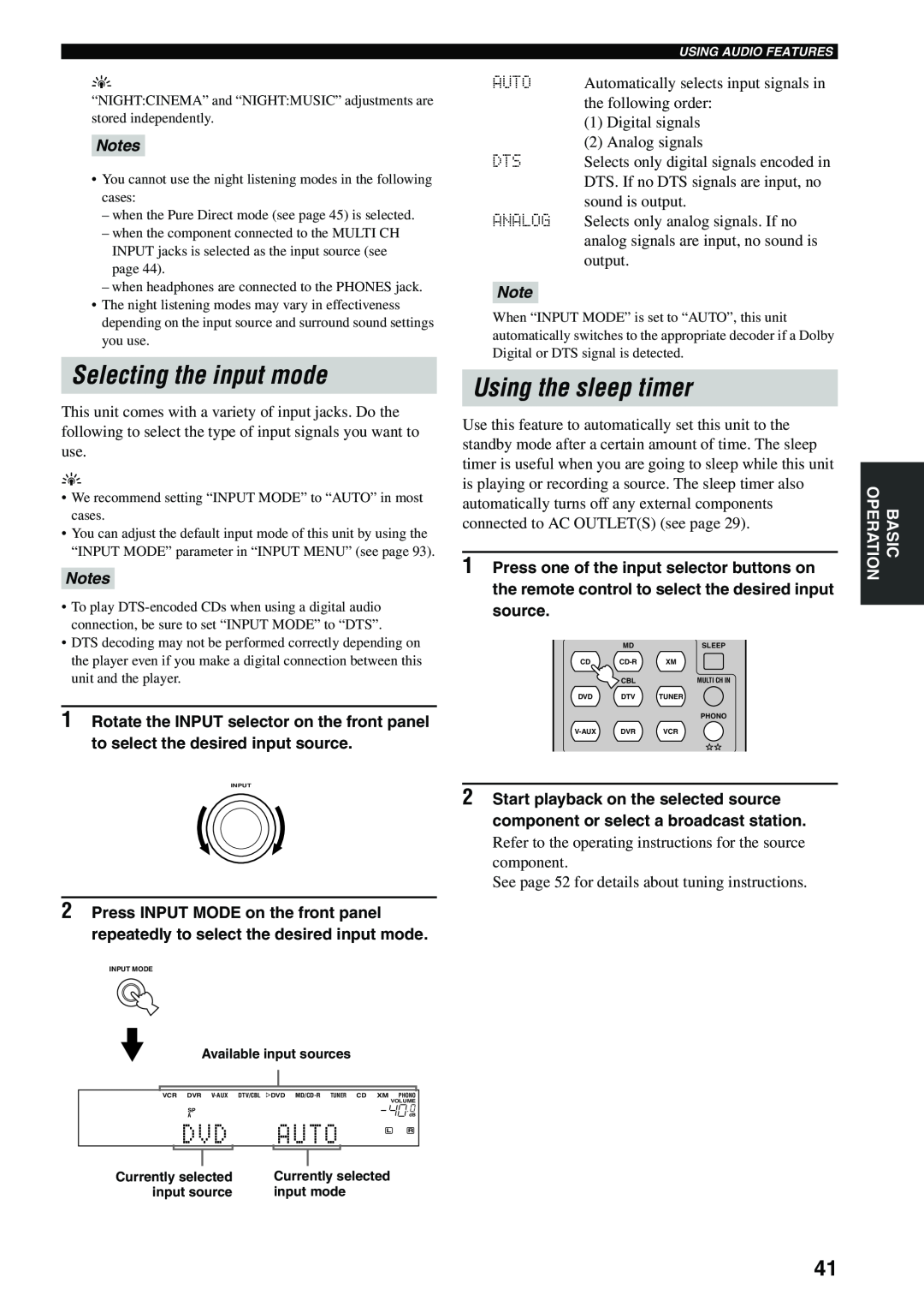 Yamaha HTR-5960 owner manual Selecting the input mode, Using the sleep timer, Auto, Notes 