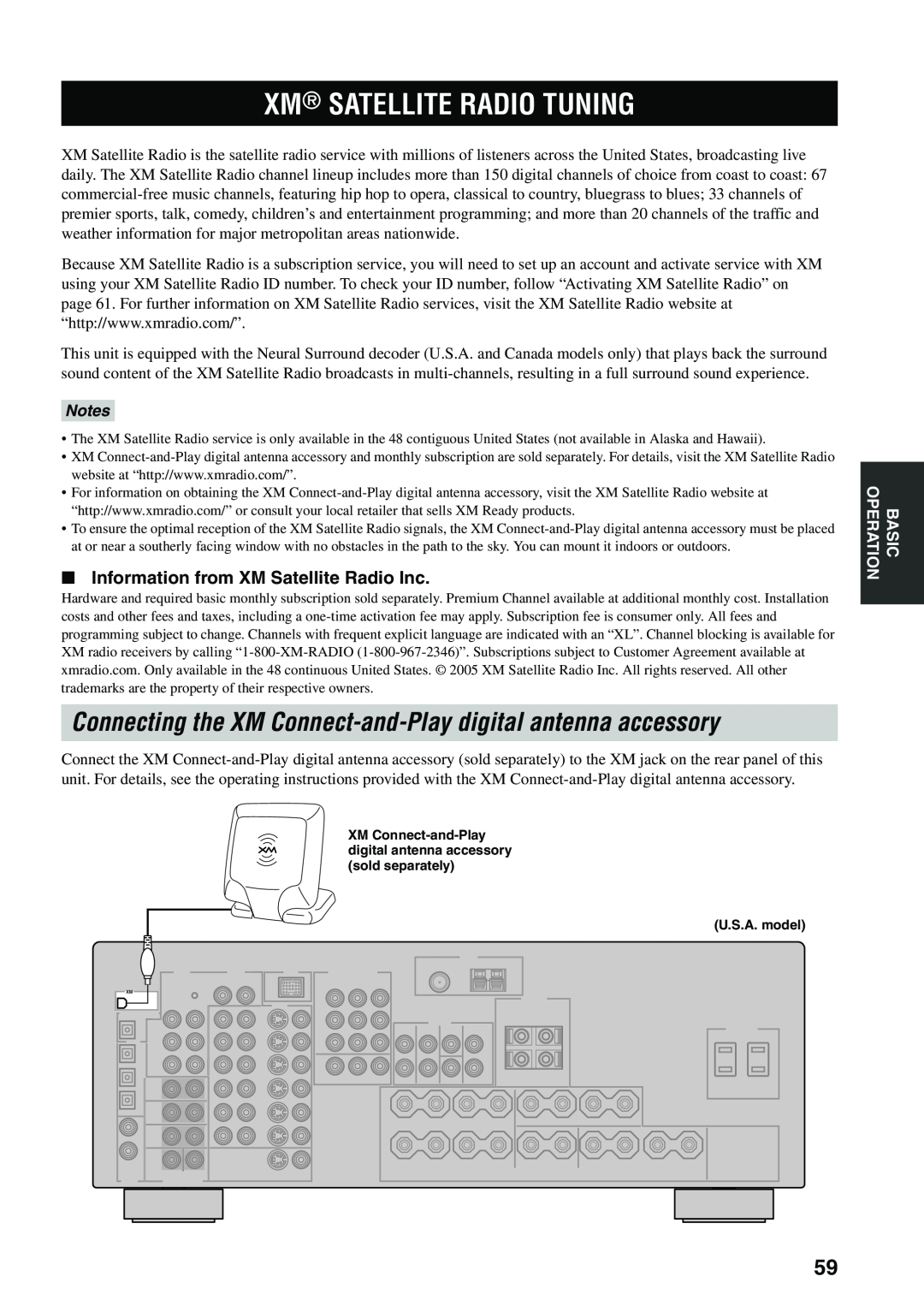Yamaha HTR-5960 owner manual Xm Satellite Radio Tuning, Information from XM Satellite Radio Inc, Notes 