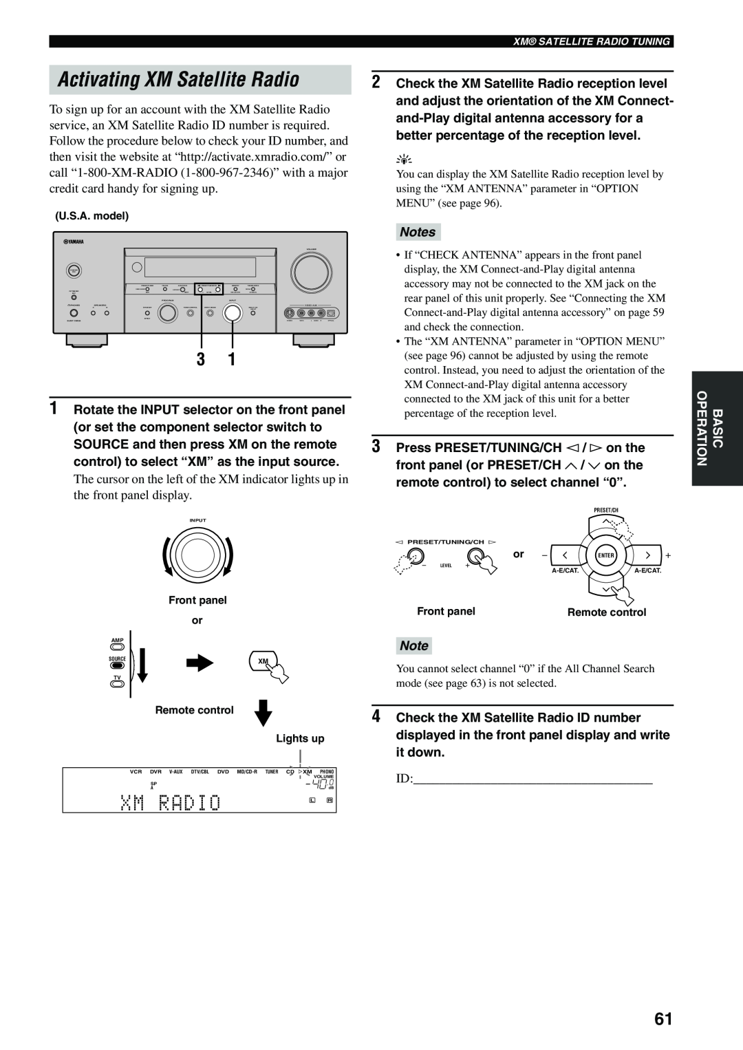 Yamaha HTR-5960 owner manual Activating XM Satellite Radio, Notes 