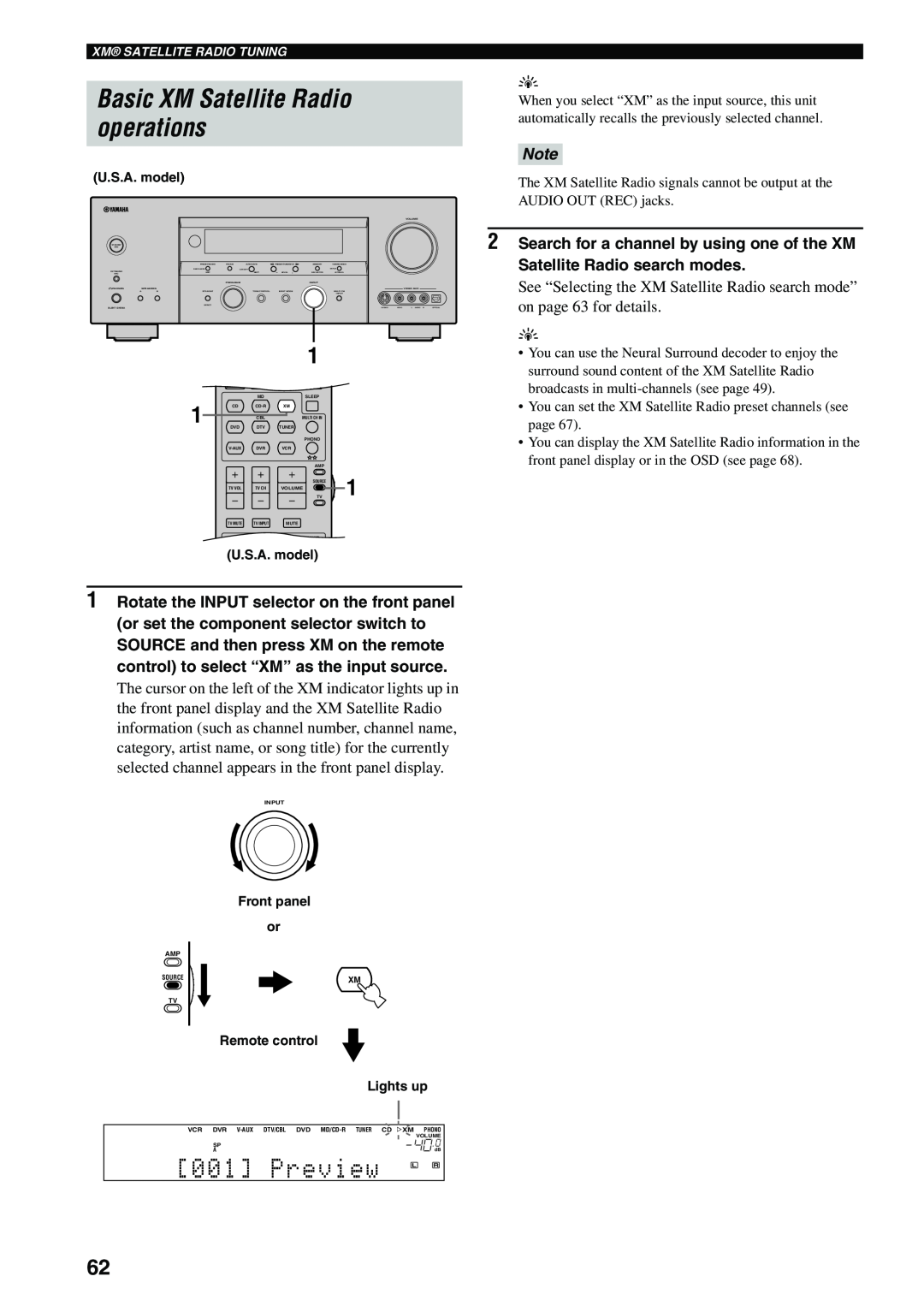 Yamaha HTR-5960 owner manual Basic XM Satellite Radio operations, Preview L R 