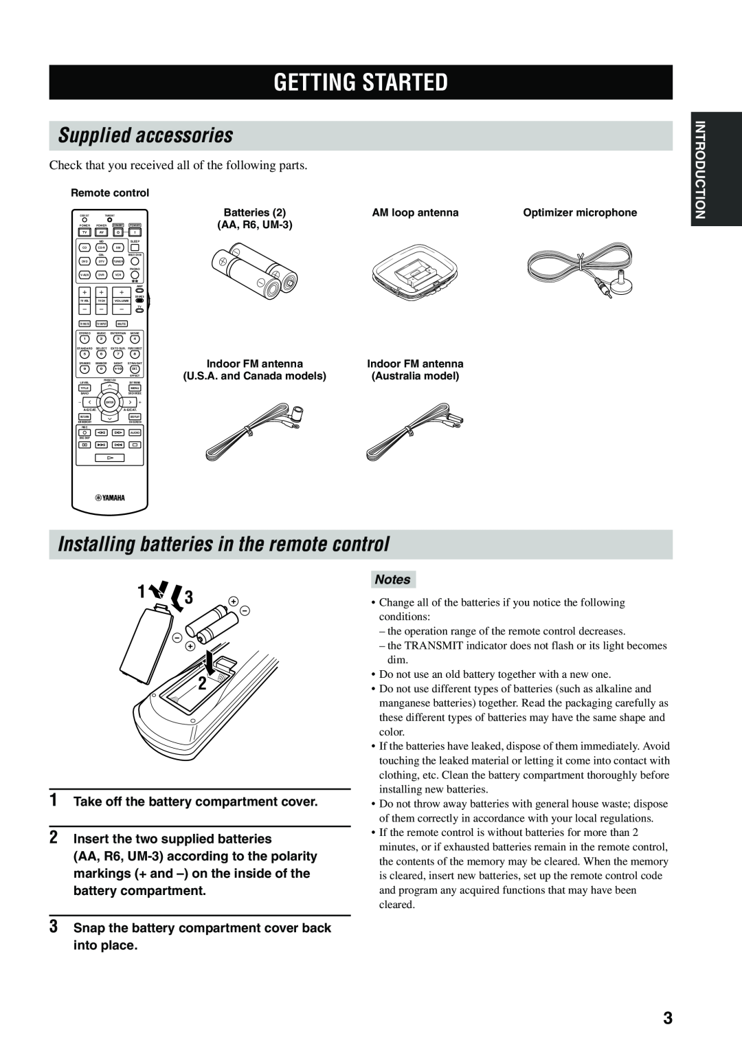 Yamaha HTR-5960 owner manual Getting Started, Supplied accessories, Installing batteries in the remote control, 13 2, Notes 