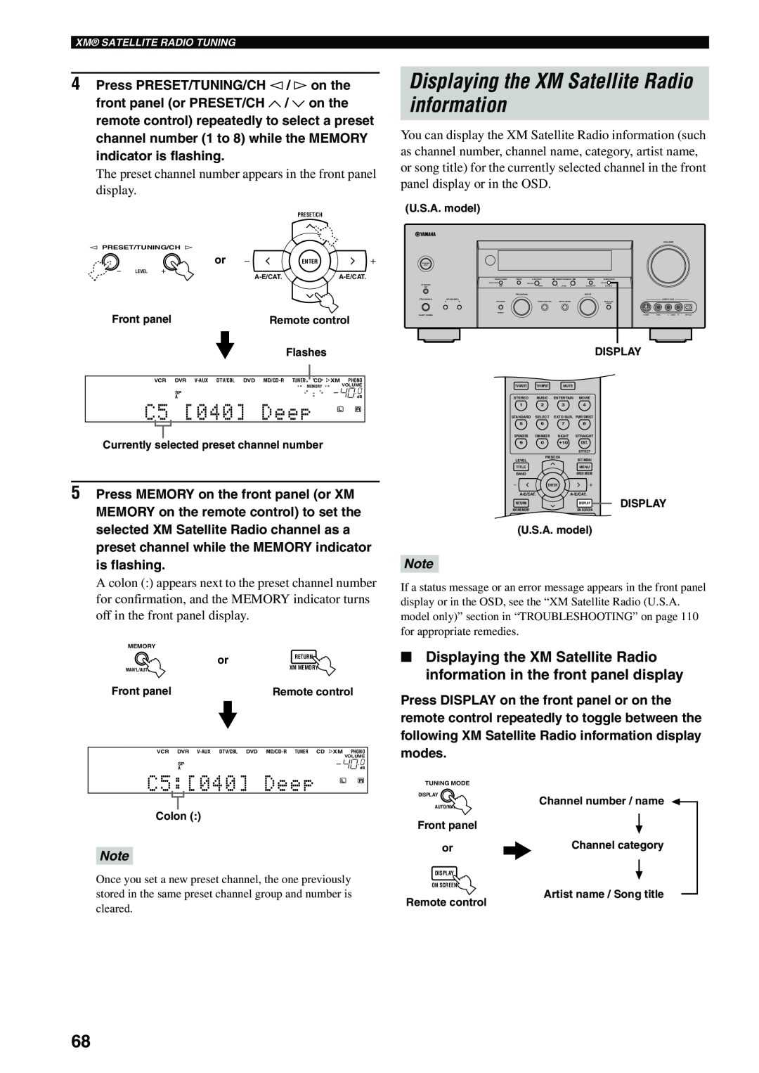 Yamaha HTR-5960 owner manual C5 040 Deep L R, Displaying the XM Satellite Radio information 