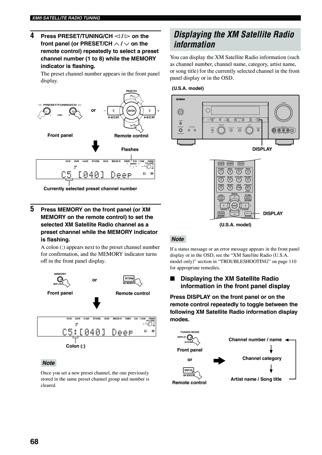Yamaha HTR-5960 owner manual C5 040 Deep L R, C5:040 Deep L R, Displaying the XM Satellite Radio information 