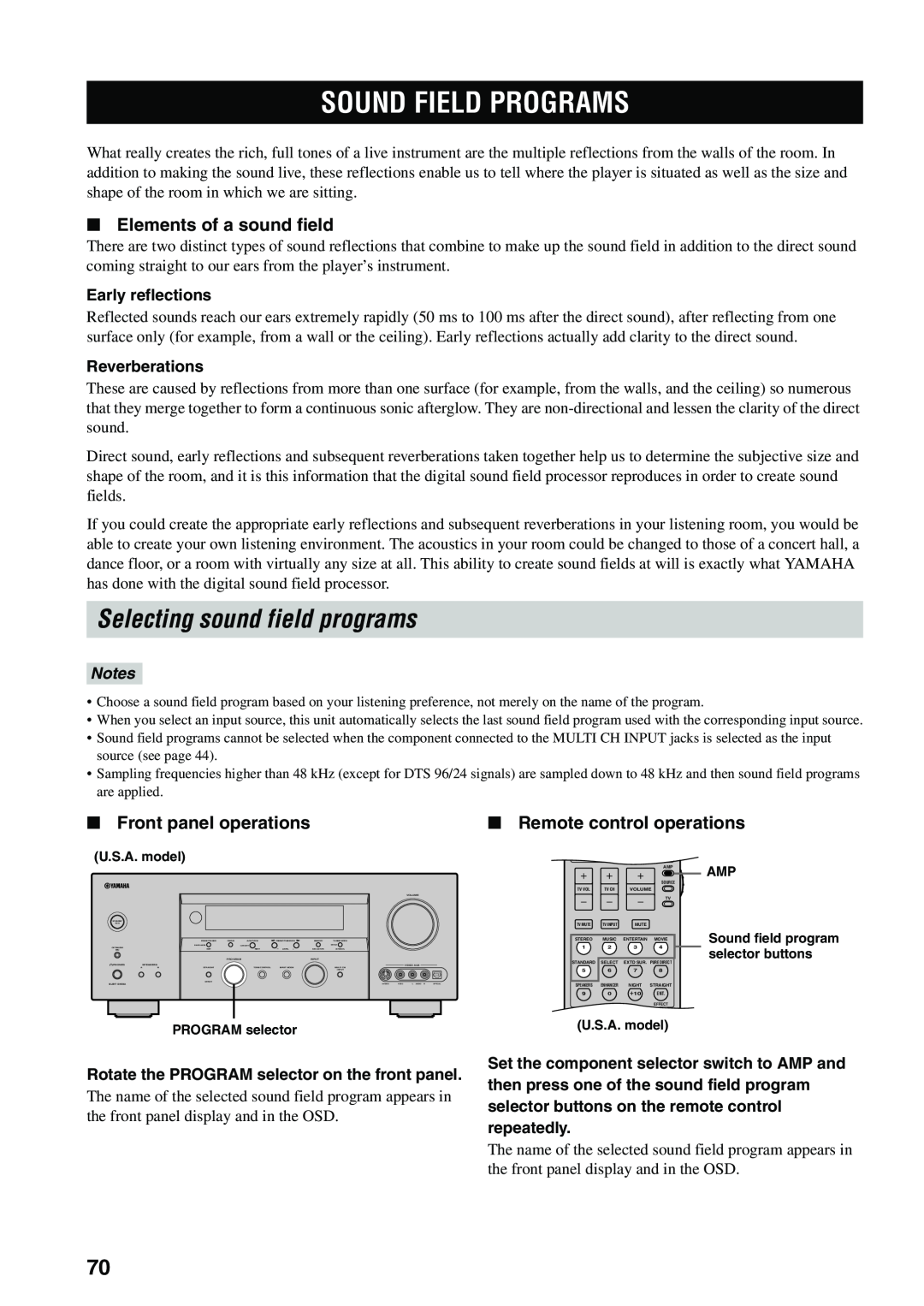 Yamaha HTR-5960 Sound Field Programs, Selecting sound field programs, Elements of a sound field, Front panel operations 