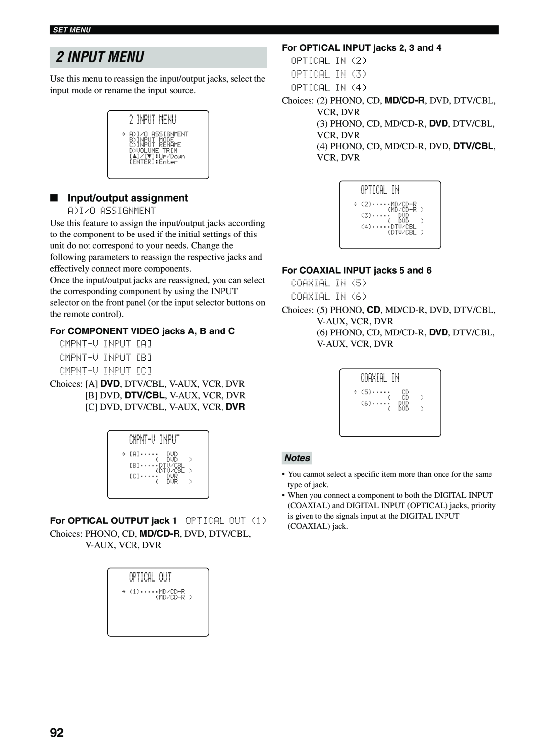Yamaha HTR-5960 owner manual Input Menu, Cmpnt-Vinput, Optical Out, Optical In, Coaxial In, Input/output assignment, Notes 